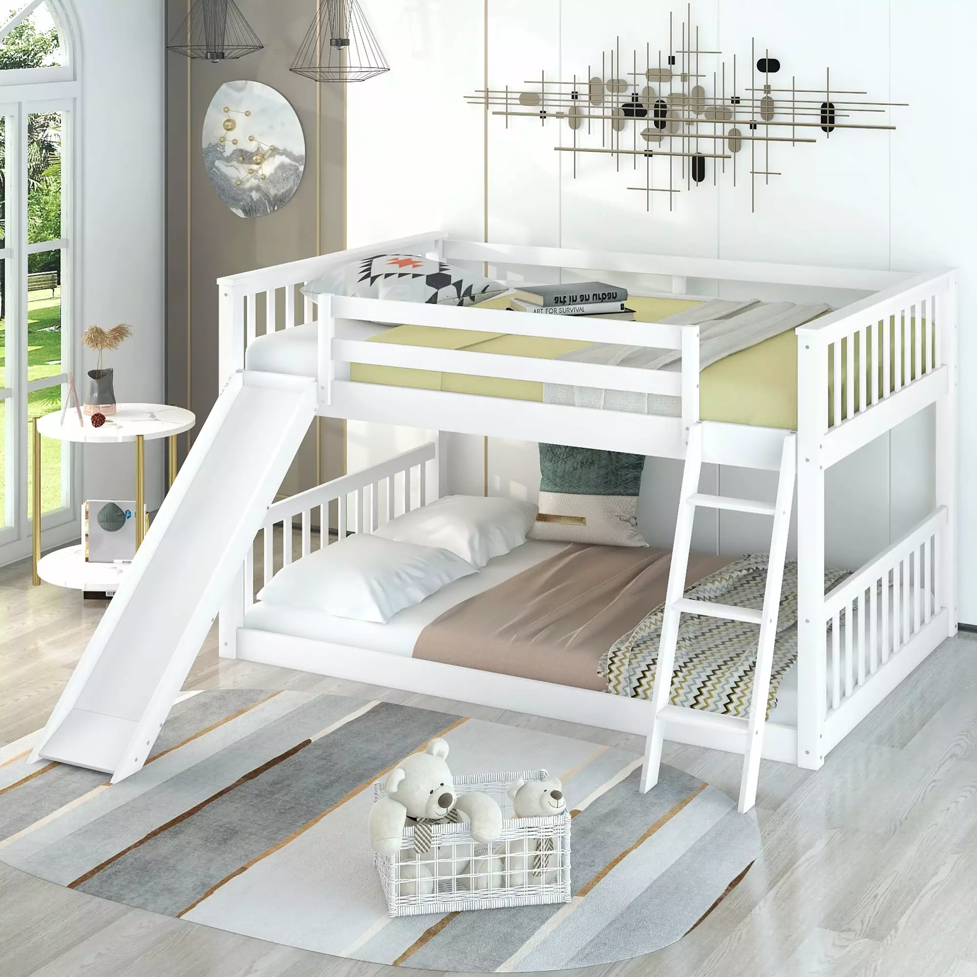 Euroco Full over Full Floor Bunk Bed Slide and Ladder Kids Teens Adults White