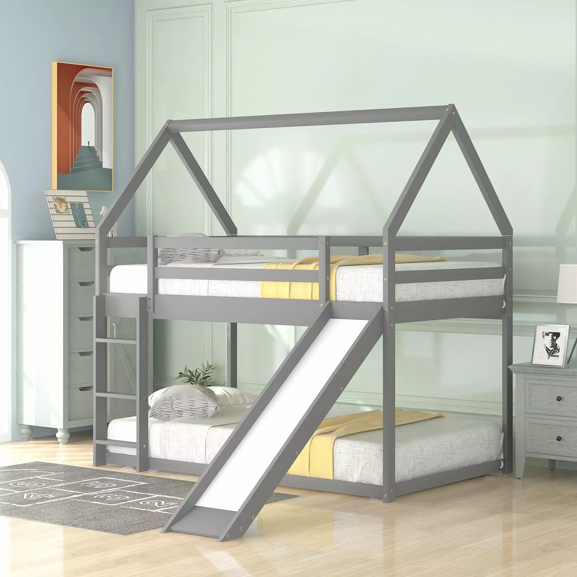 KOFUN Wood Bunk Bed Slide - Twin Over Twin Kids Bunk Bed Roof and Ladder Gray