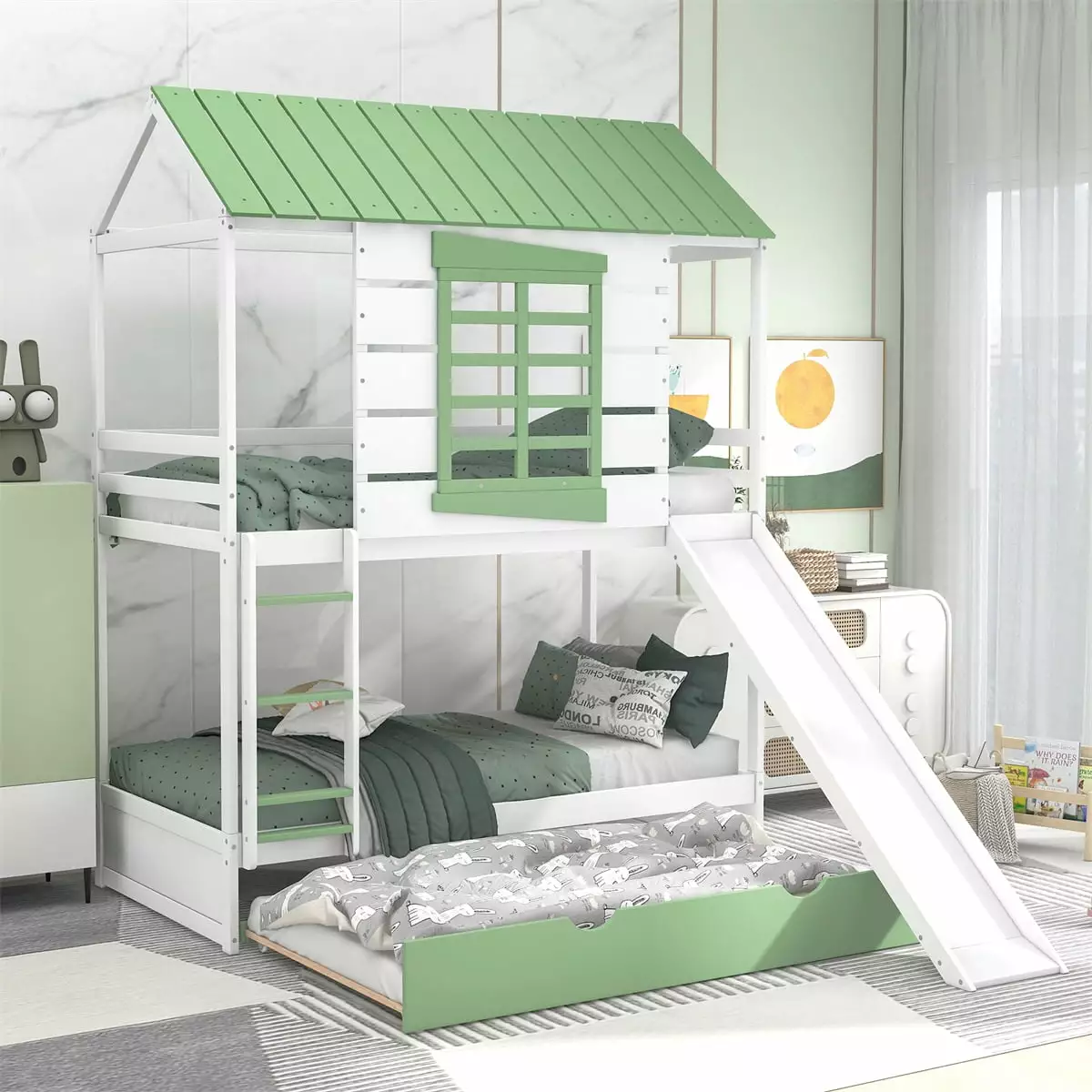 Twin Over Twin Size Houtilize Bunk Bed Convertible Slide and Ladder Bedroom Wooden Bunk Bed Frame Protectty Guardrails Win...