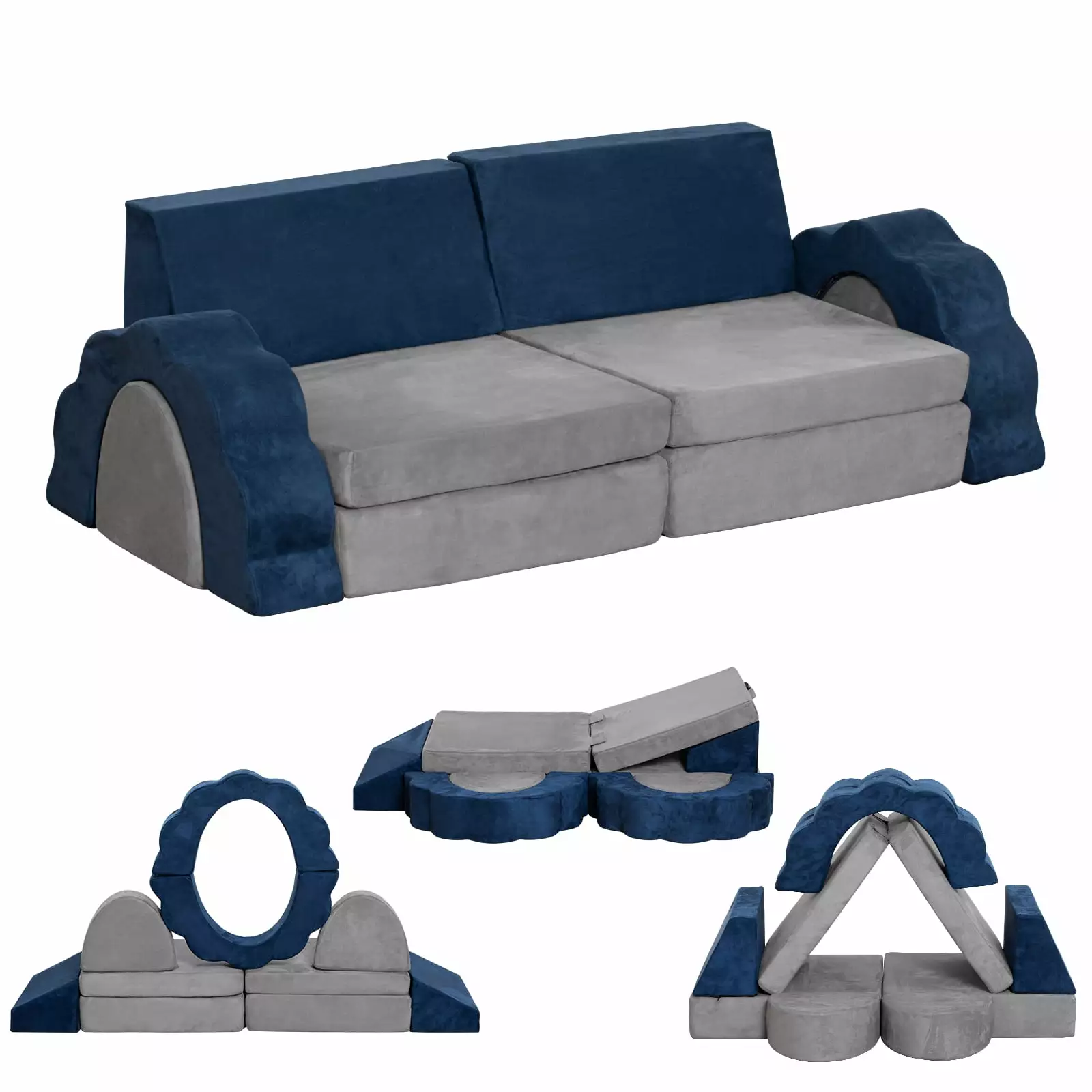 Kids Couch 10PCS Foam Play Couch Boys and Girls Multifunctional Toddler Couch Playroom Grey and Blue LOAOL
