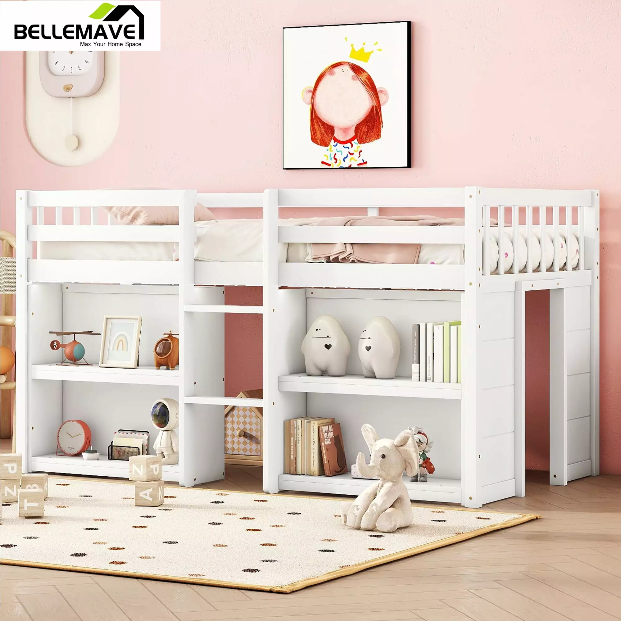 Bellemave Twin Size Wooden Loft Bed Storage Shelves LED Light and Guardrails Kids White