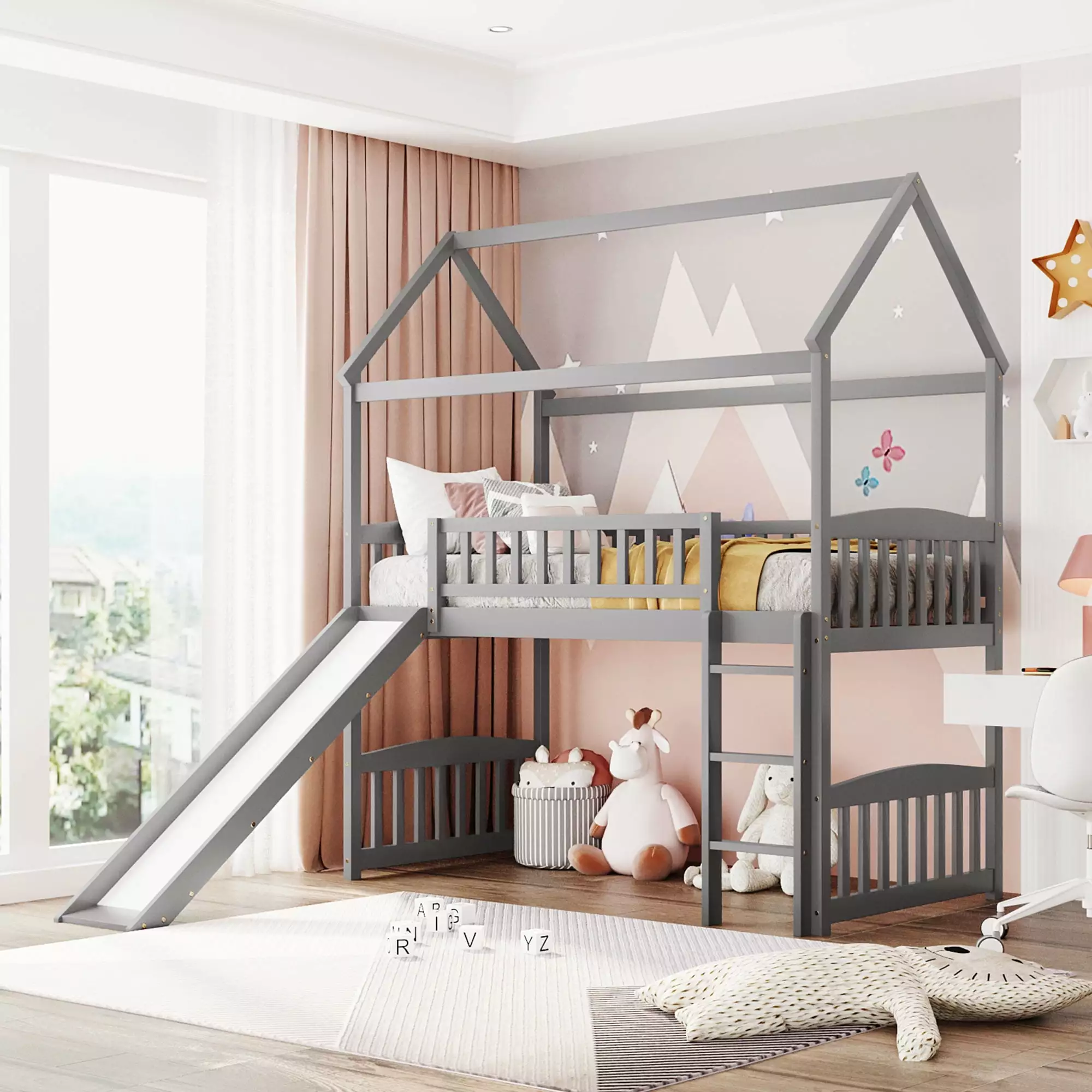 Churanty Wood Loft Bed Slide Kids - Twin High Loft Bed Roof Gray
