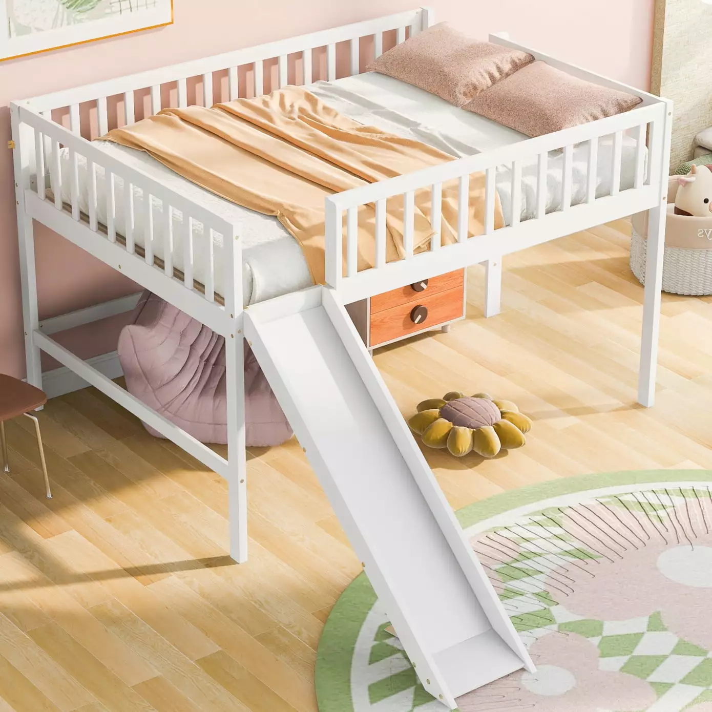 Full Size Loft Bed Slide Low Loft Bed Frame Ladder Safety Rail Wooden Full Loft Bed Kids Teens White Triple Tree