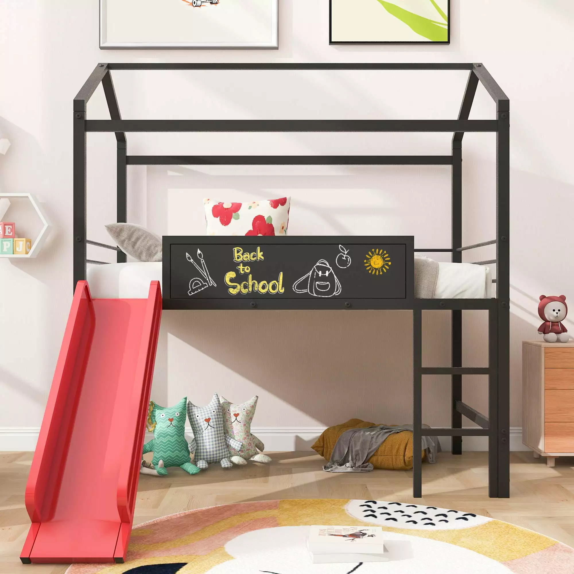 Twin Size Houtilize Loft Bed Slide Writing Board Ladder and Guardrails Black Red Triple Tree