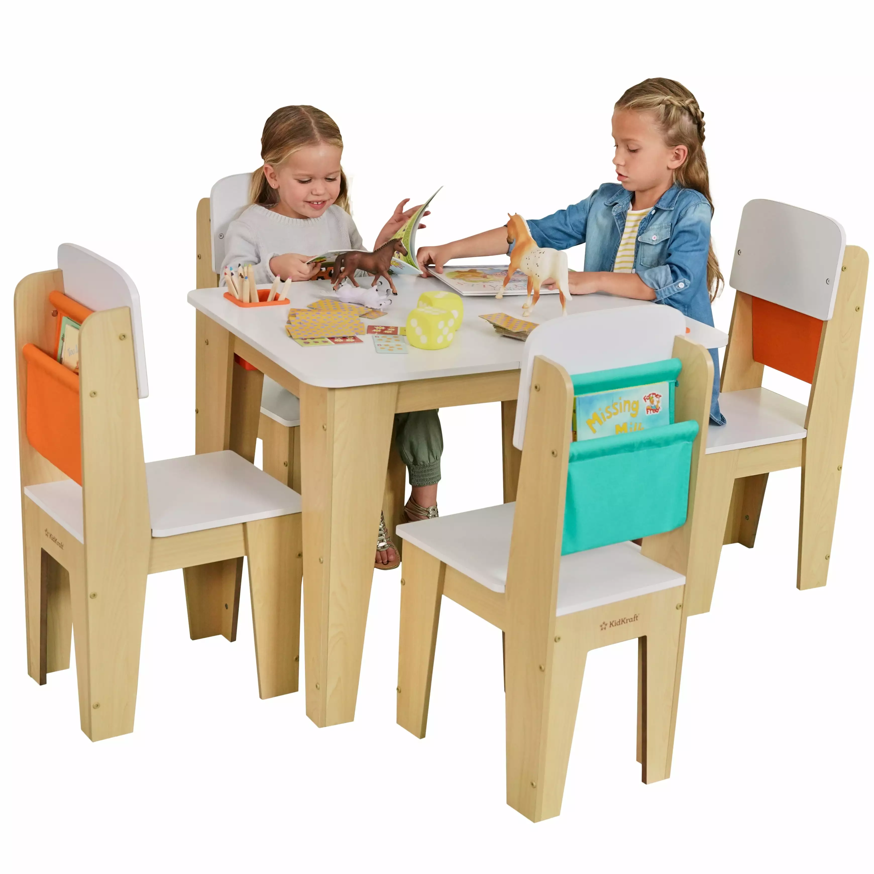 KidKraft Wooden Pocket Storage Table and 4 Chair Furniture Set Natural
