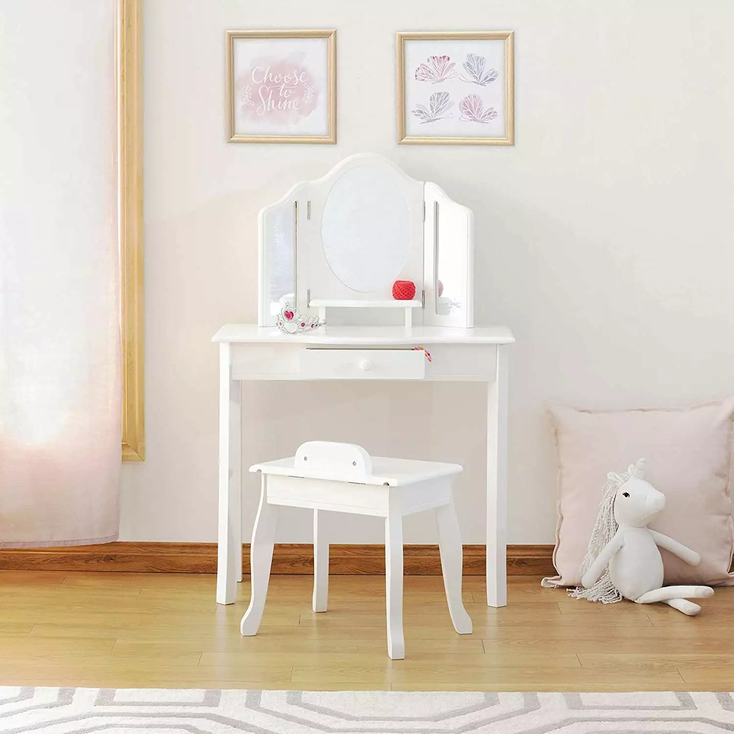Guidecraft Kids Vanity and Stool Set Makeup Mirror and Storage Drawer