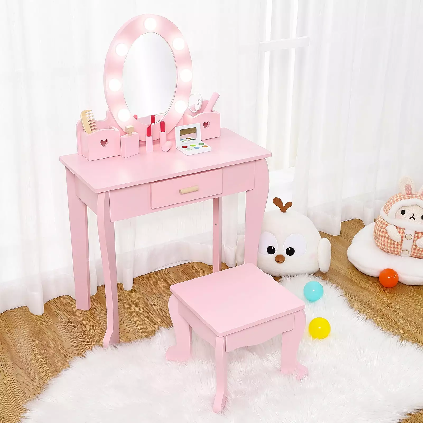 Leeten Girls Vanity Table and Chair Set Light Pink Kids Makeup Dressing Table