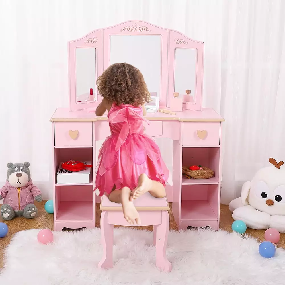 Girls' Vanity Table and Stool Set Kids Makeup Dressing Table Wood Makeup Playset Toy Mirror Drawer Age 4-9 Pink Mekek