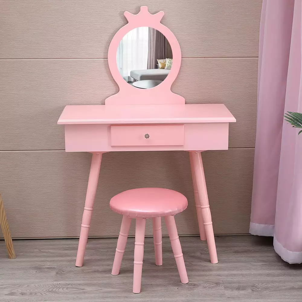 SESSLIFE Vanity Sets Girls Dressing Table Dresser Wooden Toy Makeup Vanity Table Stool Mirror Pink
