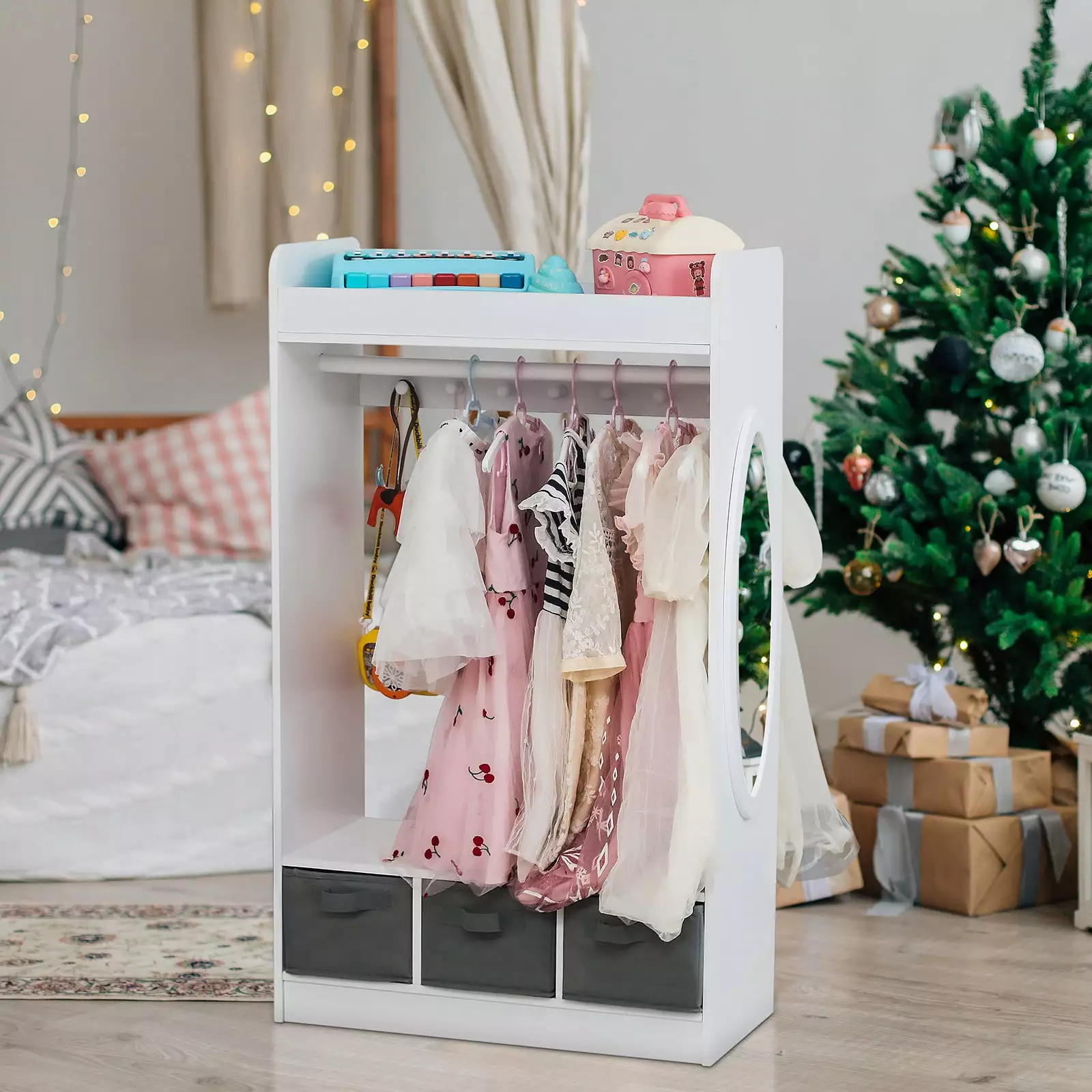 SalonMore Kids Wardrobe Costume Storage Closet Pretend Dresser Hanging Armoire Storage Arranger Mirror and 3 Drawers White