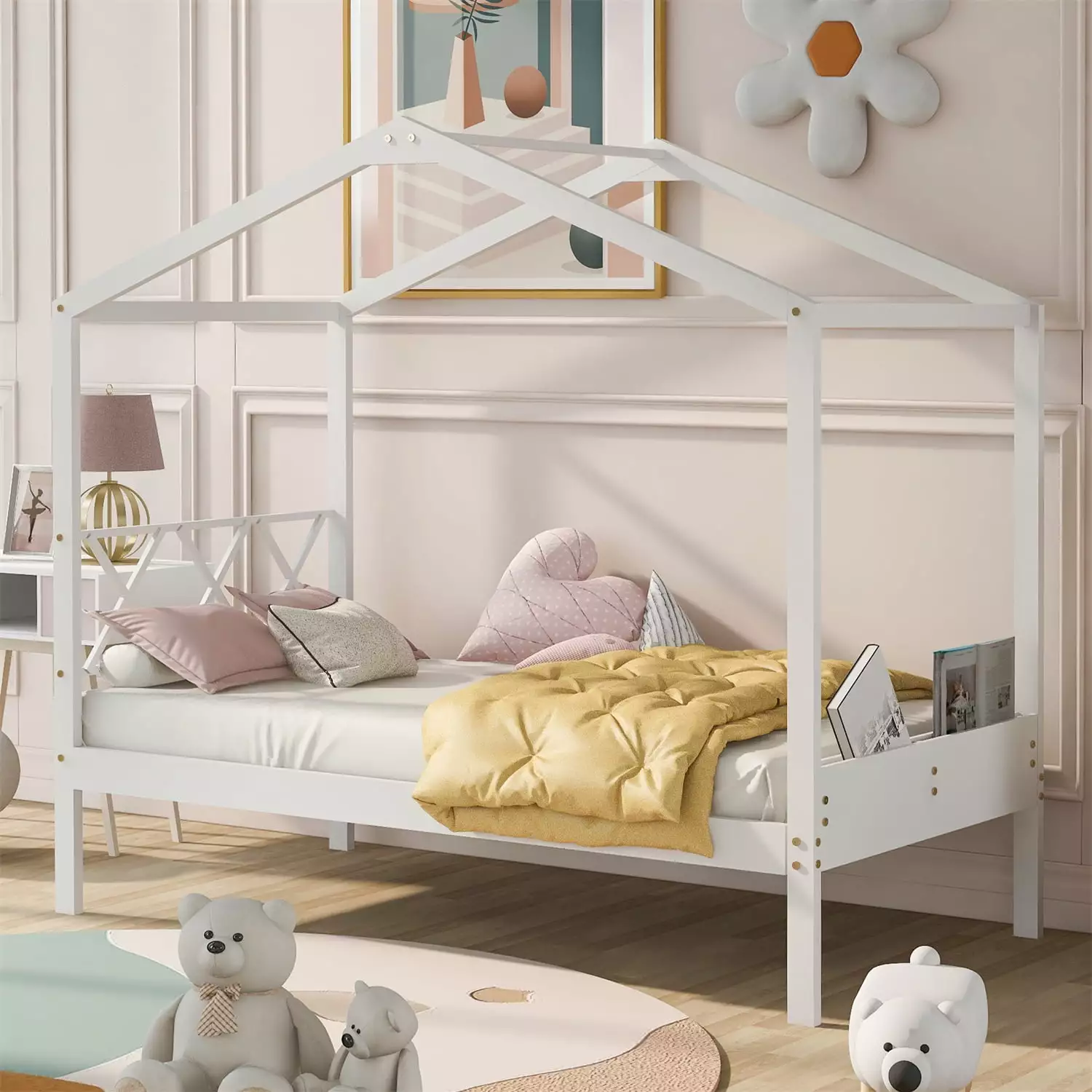 Houtilize Platform Bed Roof - Solid Wood Twin Size Bed Frame X-Shaped Headboard and Storage Footboard - Low Platform Playh...