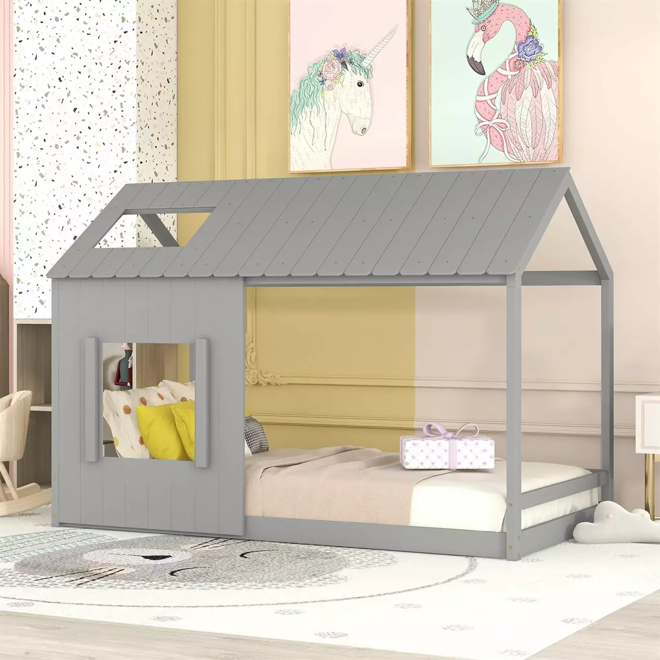 Houtilize Twin Size Platform Bed Frame Roof and Window Fun Playhouse Bed Kids Boys Girls Gray ARCTICSCORPION