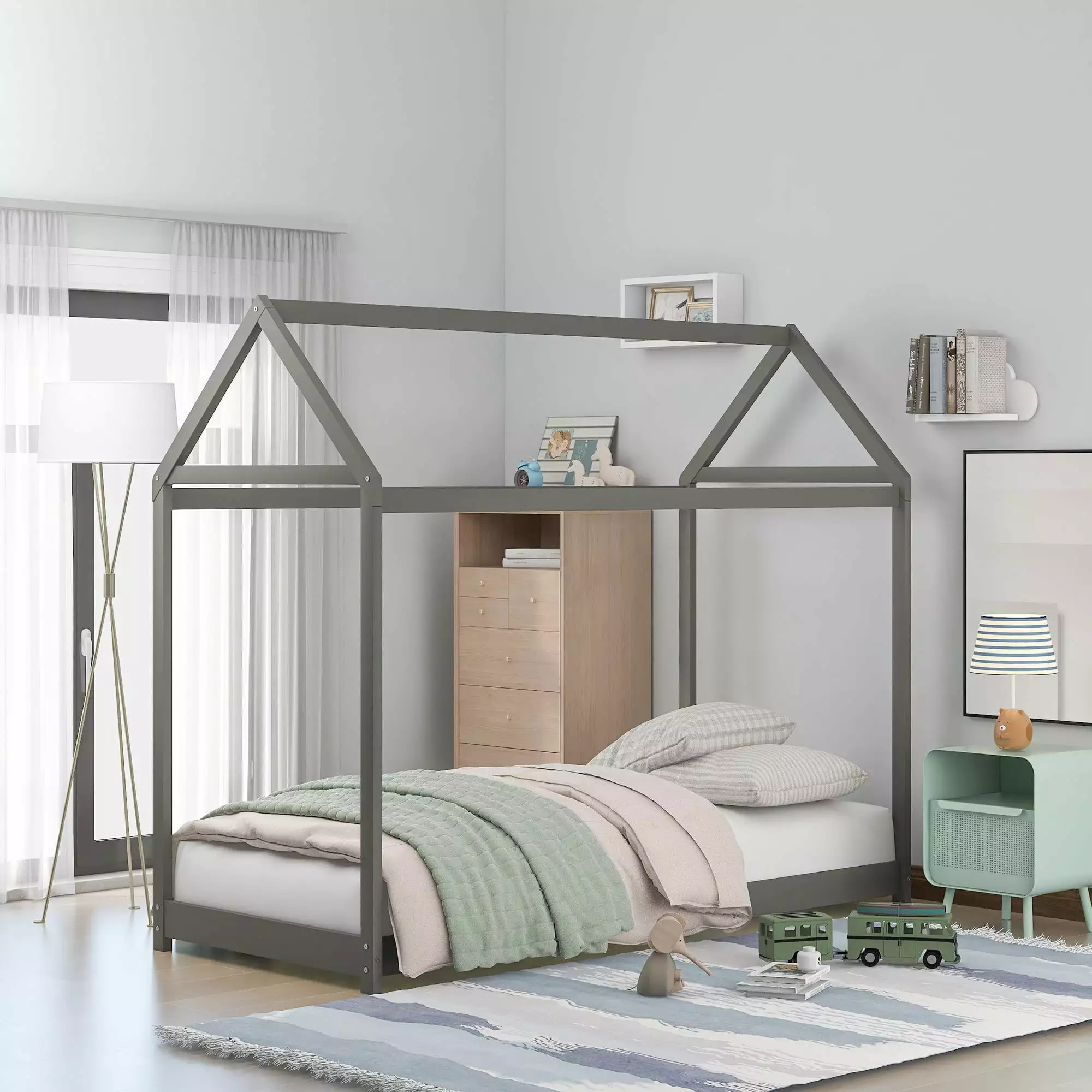 Twin Size Houtilize Bed - Wood Platform Bed Frame Slats Support - Playhoutilize Bed Roof Kids Boys and Girls - No Box Spri...