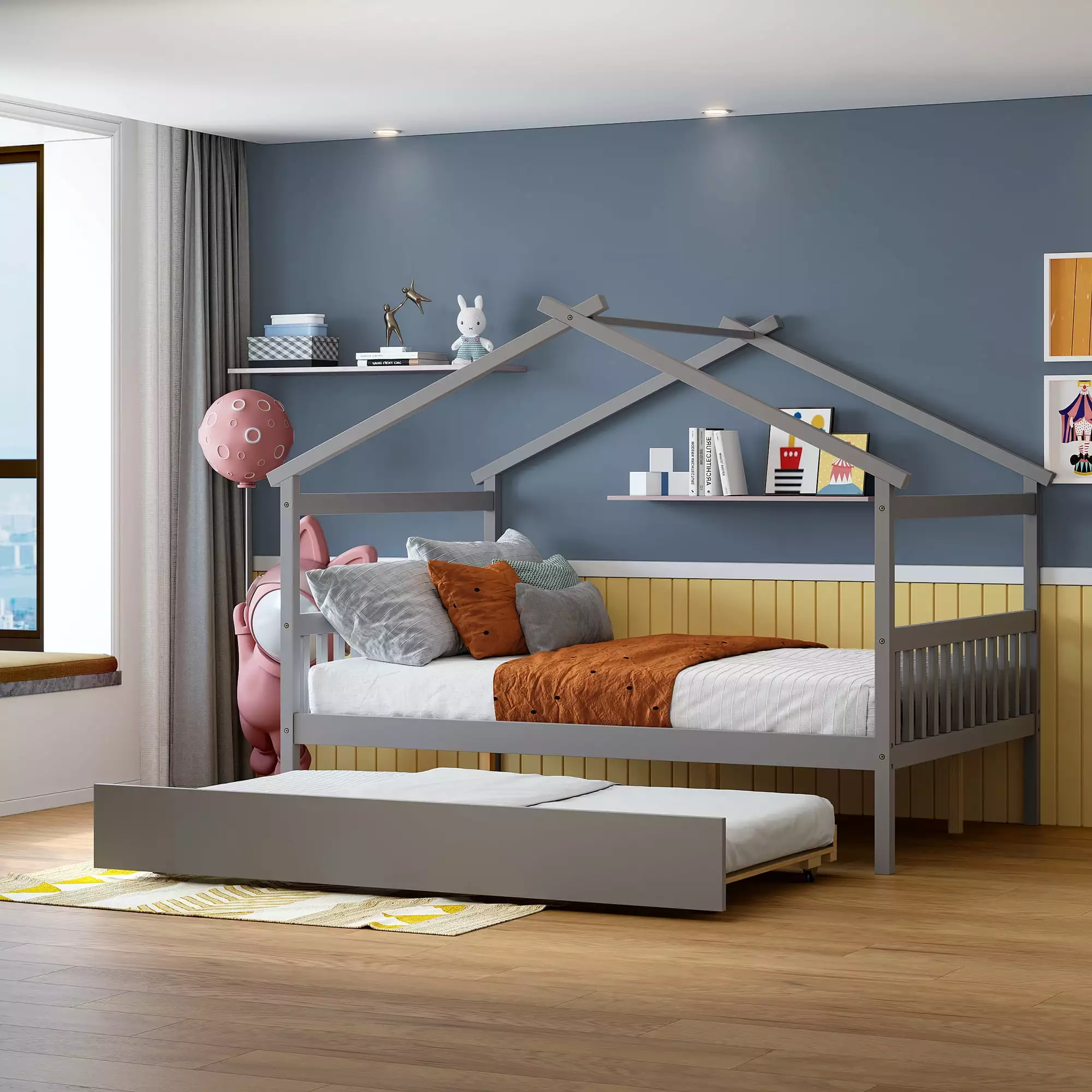 Bellemave Full Size Houtilize Bed Trundle Kids Wood Platform Bed Frame Houtilize Shape Roof Kids Teens Girls and Boys Gray