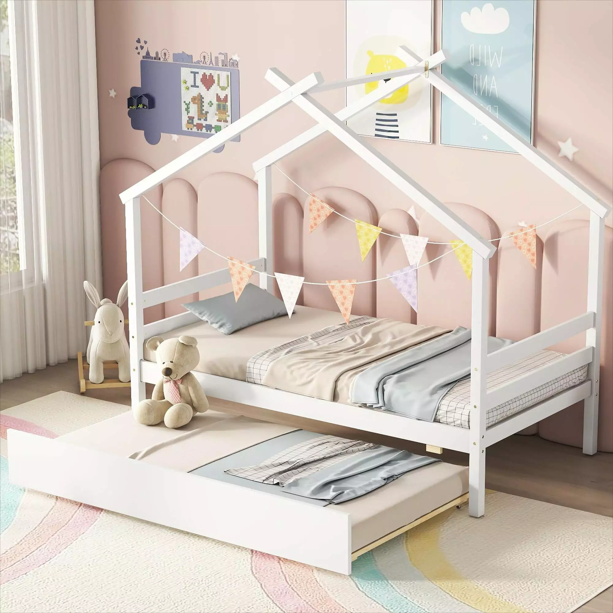 Bellemave Houtilize Twin Size Playhoutilize Platform Bed Roof and Trundle White