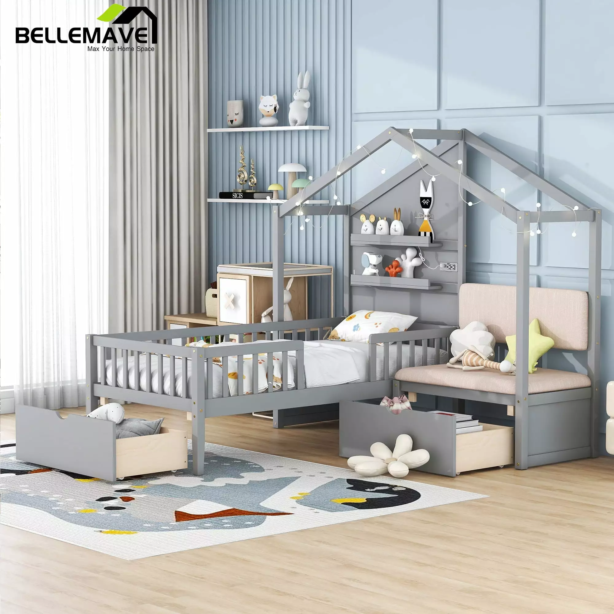 Bellemave Twin Houtilize Bed Fence Wireless Charging Drawers and LED Lights