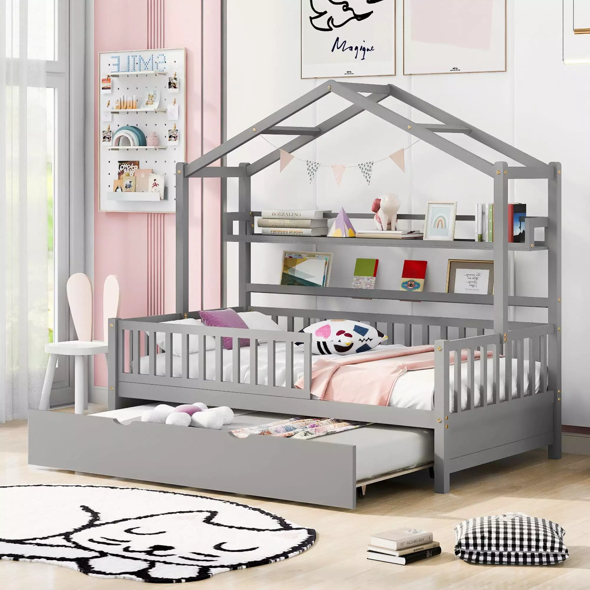 Bellemave Wooden Twin Size Houtilize Bed Trundle and Storage Shelves Kids Teens Gray