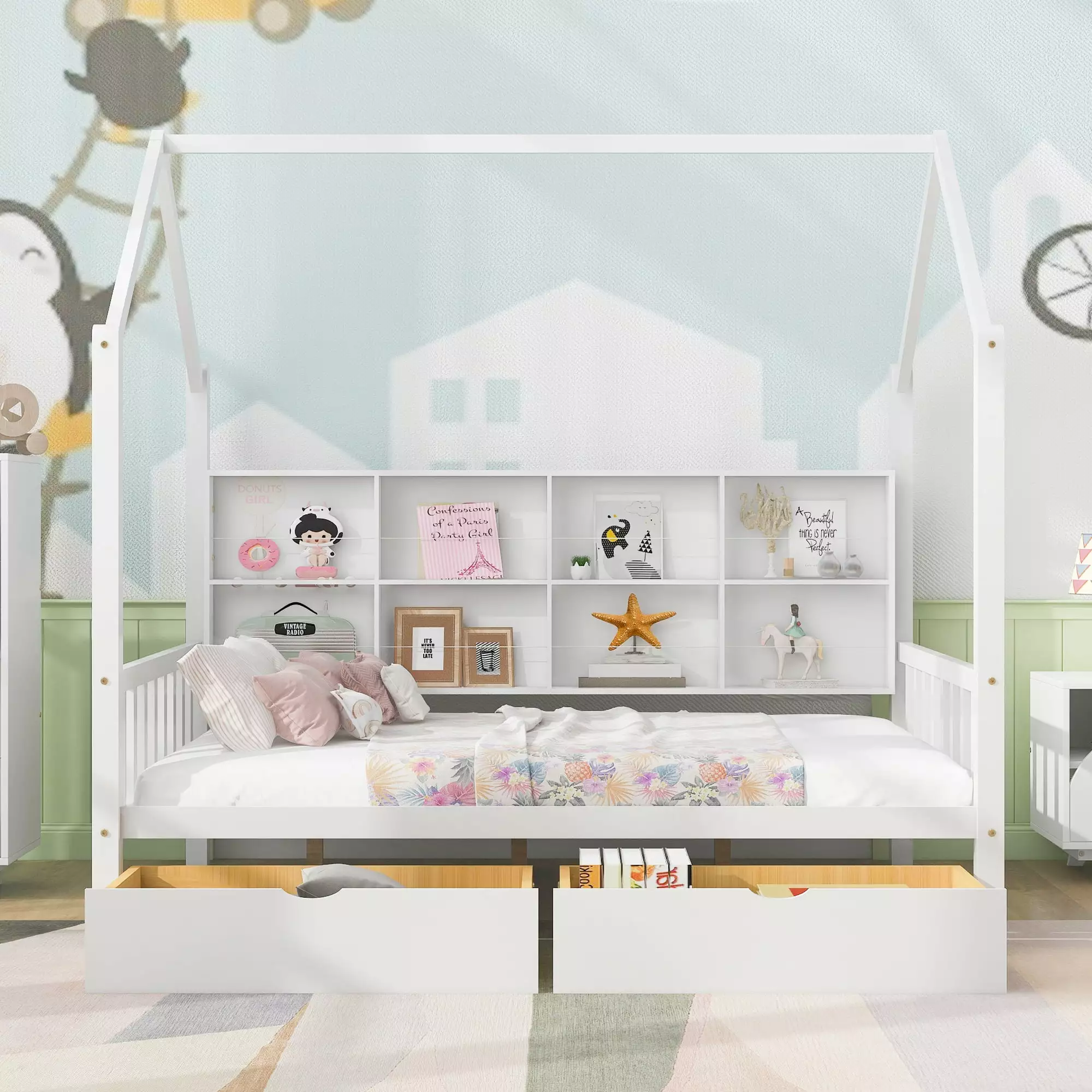 Gewnee Full Houtilize Bed Storage Drawers and Shelves Wood Playhoutilize Bed Frame Kids White