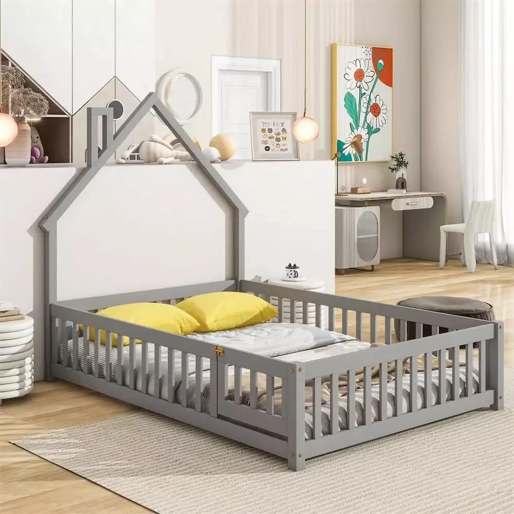 Full Size Floor Bed Kids Toddlers Wooden Montessori Bed Frame House-Shaped Headboard and Fence Guardrails Playhouse Bed Te...