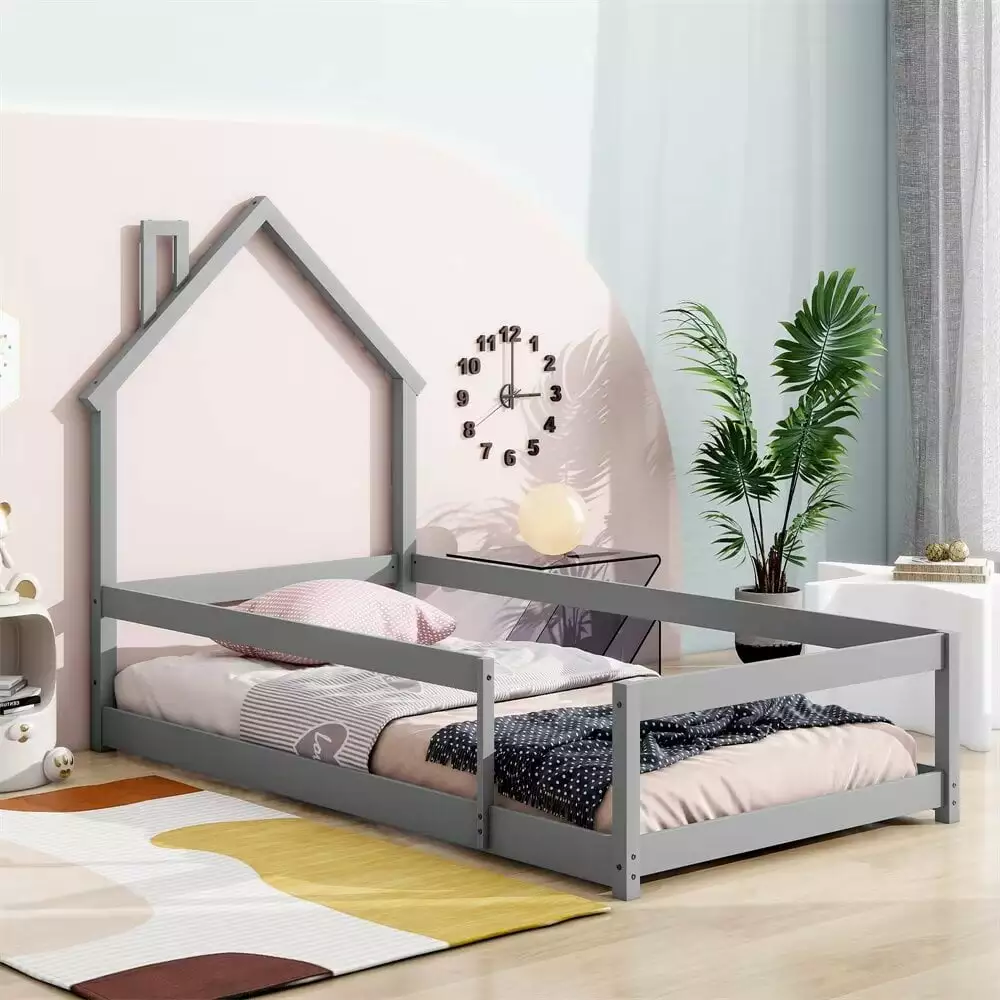 Twin Floor Bed Kids Wooden Montessori Bed Frame House-shaped Headboard and Fence Guardrails Playhouse Tent Bed Gray Triple...