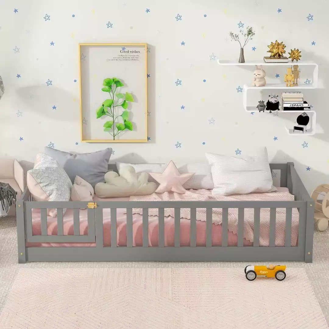 Twin Size Floor Bed Kids Wood Montessori Bed Frame Fence Guardrails and Support Slats Playhouse Bed Door Design Gray Tripl...