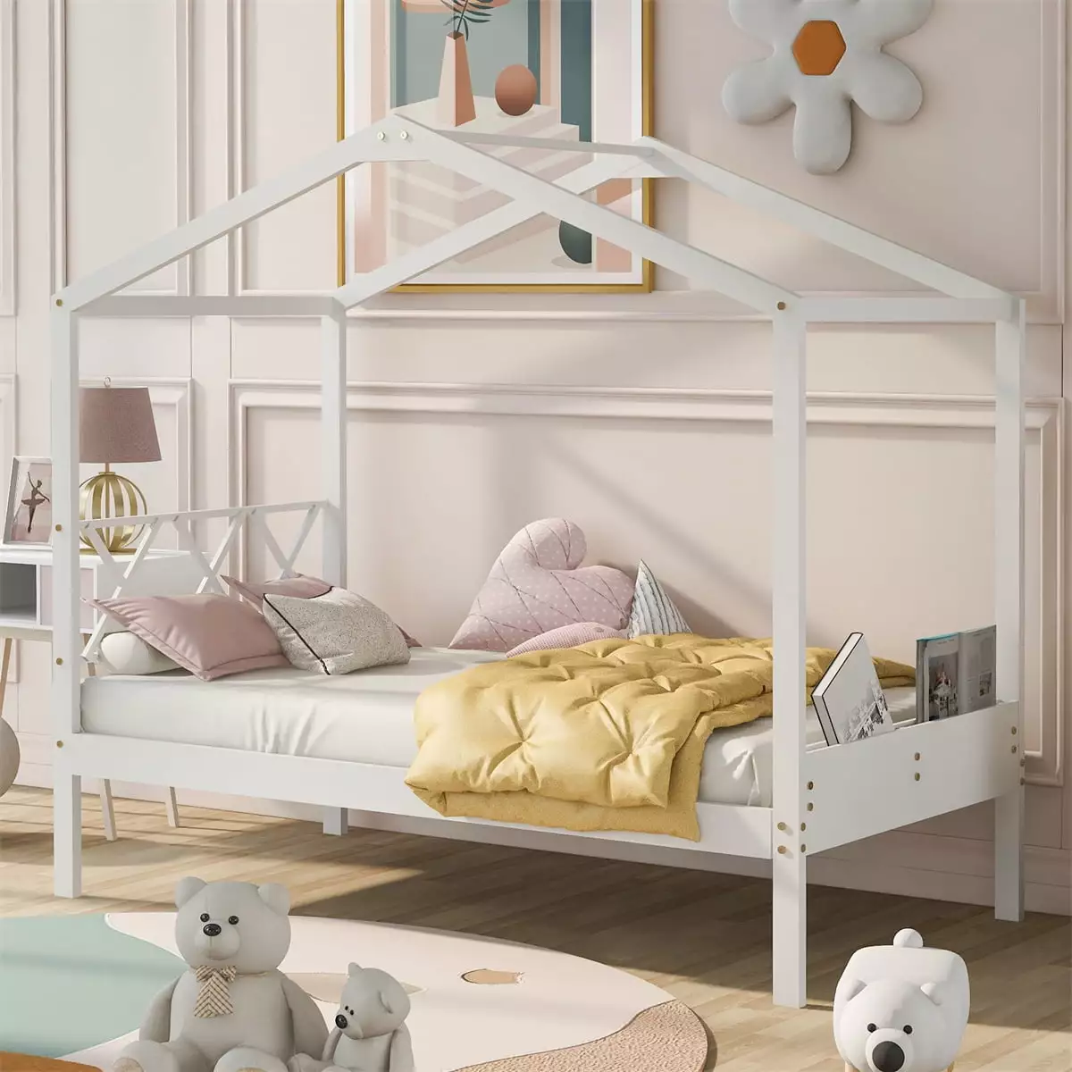 Twin Size Playhouse Bed Kids Wooden Platform Bed Hollow-Out Headboard and Storage White Triple Tree