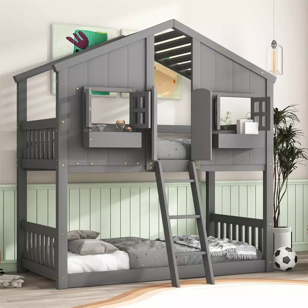 Wood Floor Bunk Bed Design Roof Twin Over Twin Houtilize Bunk Bed Footboard and Guardrails ARCTICSCORPION