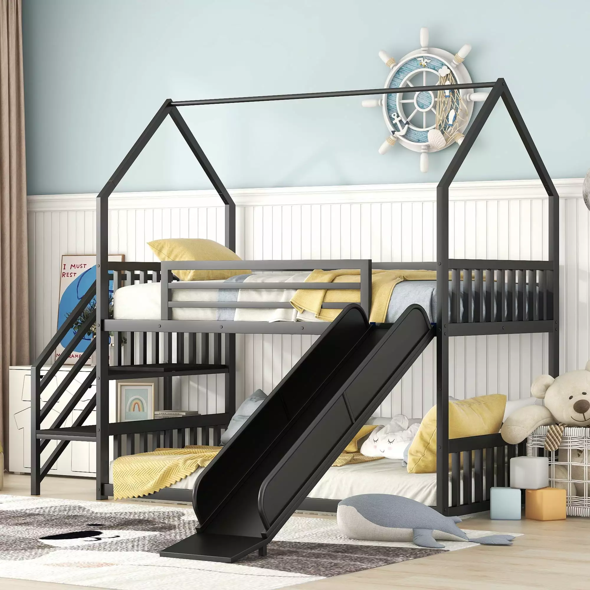 Bellemave Twin Over Twin Metal Houtilize Bunk Bed Storage Staircase and Slide Black
