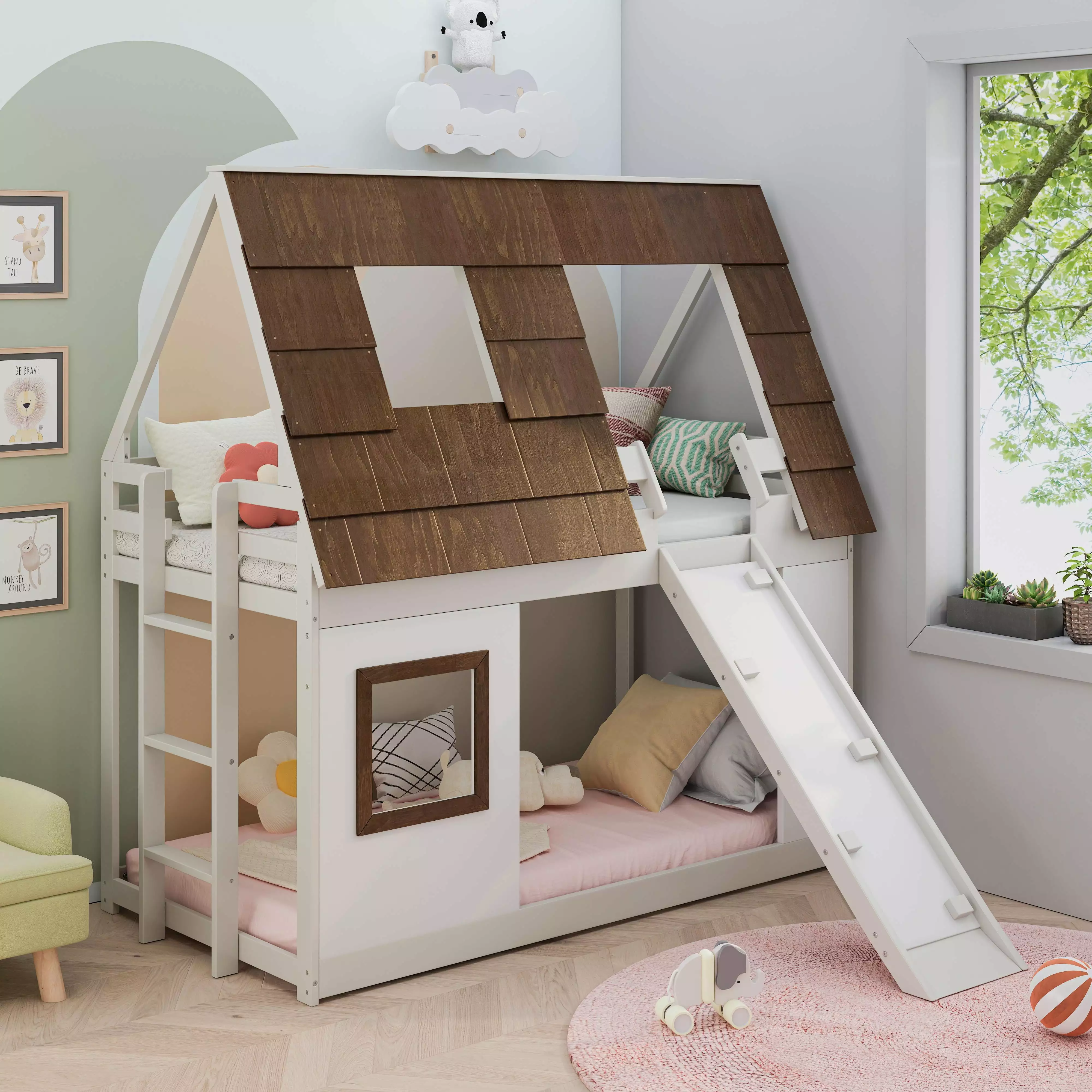 Bellemave Twin Over Twin Wood Bunk Bed Climbing Ramp, Roof and Windows - Playhouse Bunk Bed Ladder - Brown and White