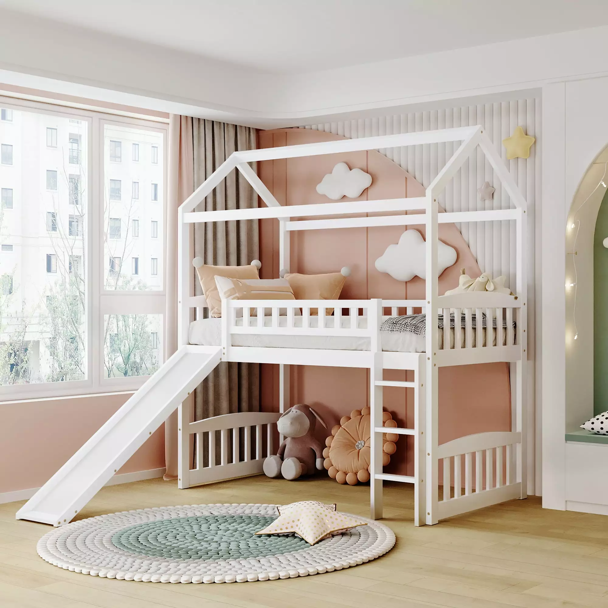 CITYLE Twin Loft Bed Slide Kids Wood Houtilize Loft Bed Pitched Roof White
