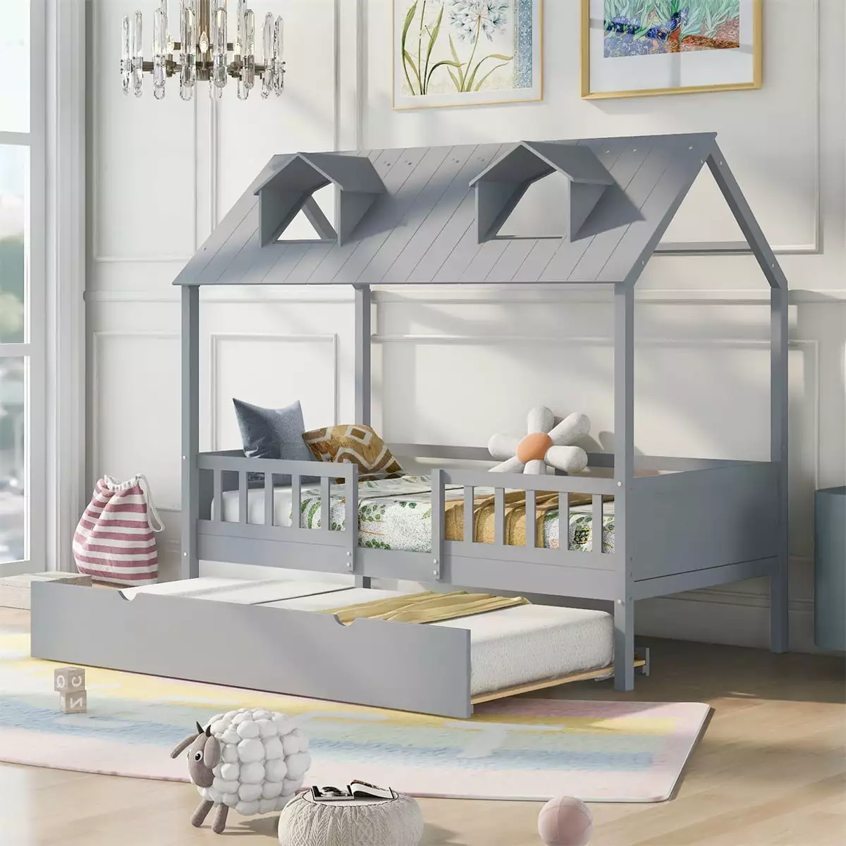 Gray Twin Size Houtilize Bed Trundle and Protectty Fence Railings Kids ARCTICSCORPION