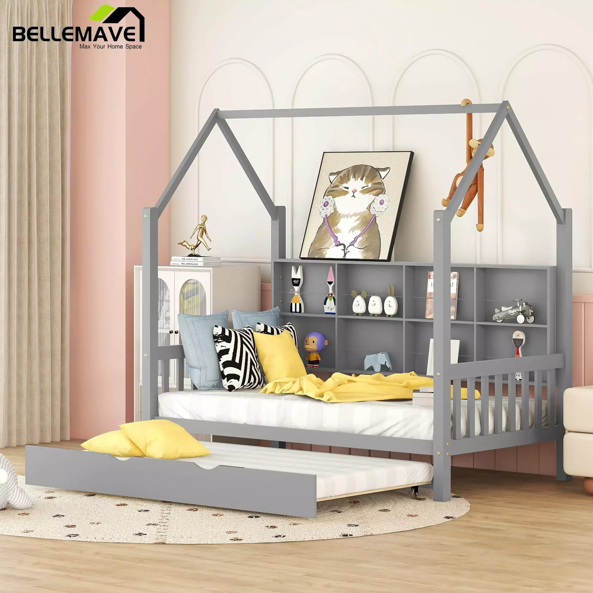 Bellemave Twin Size Houtilize Bed Trundle and Storage Shelves Solid Wood Playhoutilize Bed Gray