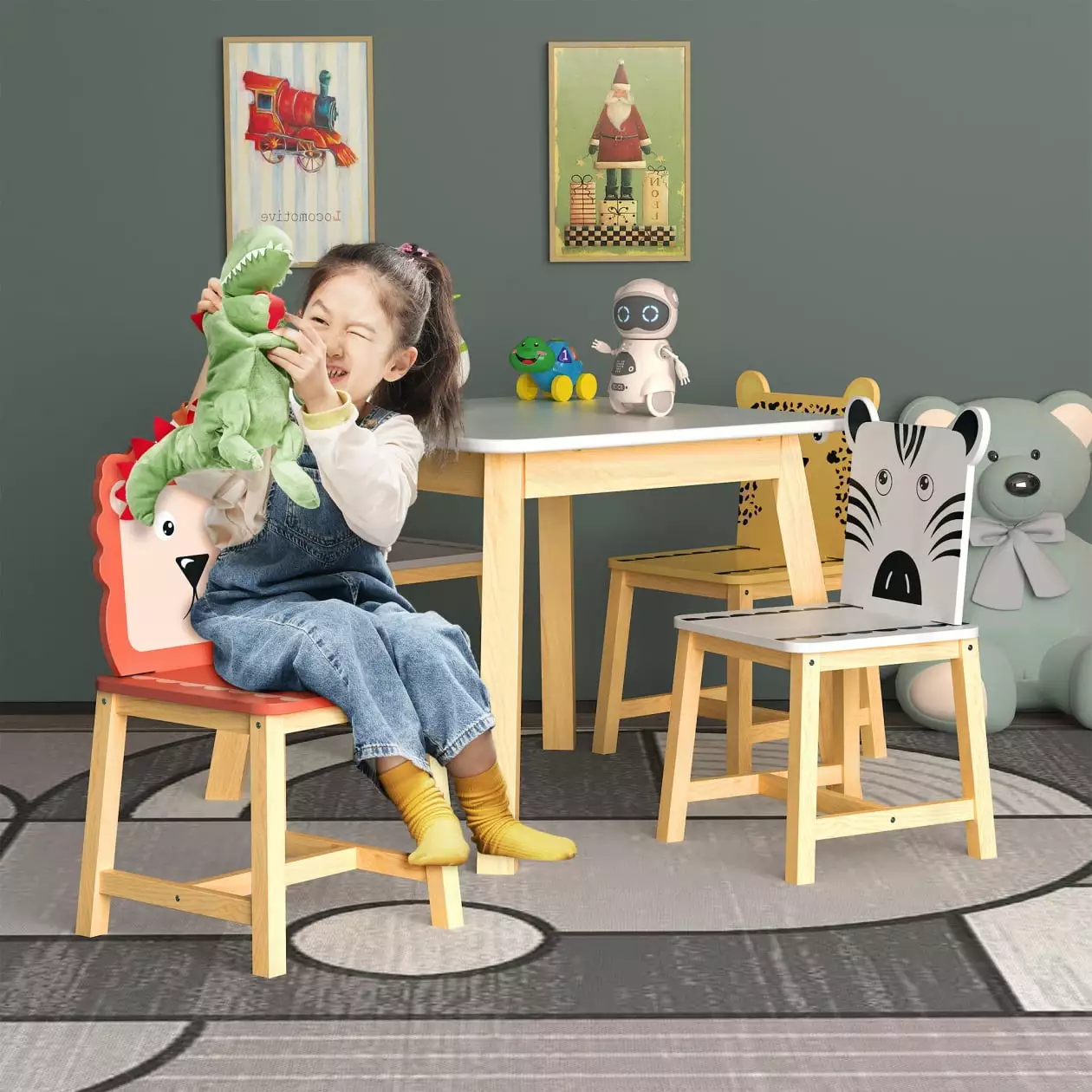 5 Piece Kiddy Table and Chair Set Kids Cartoon Animals Table 4 Chairs Wooden Playroom Furniture Triple Tree