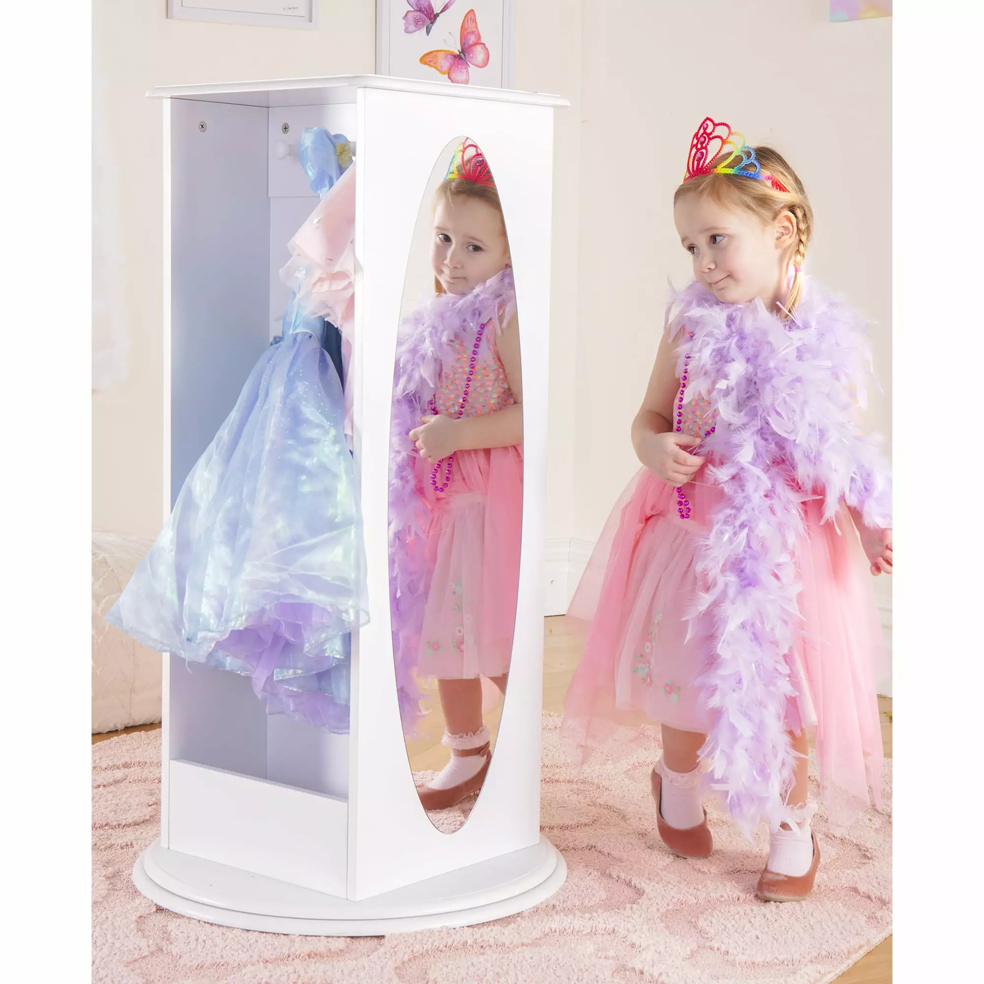 Guidecraft Rotating Dress Up Storage Center - White Wooden Wardrobe Mirrors Kids