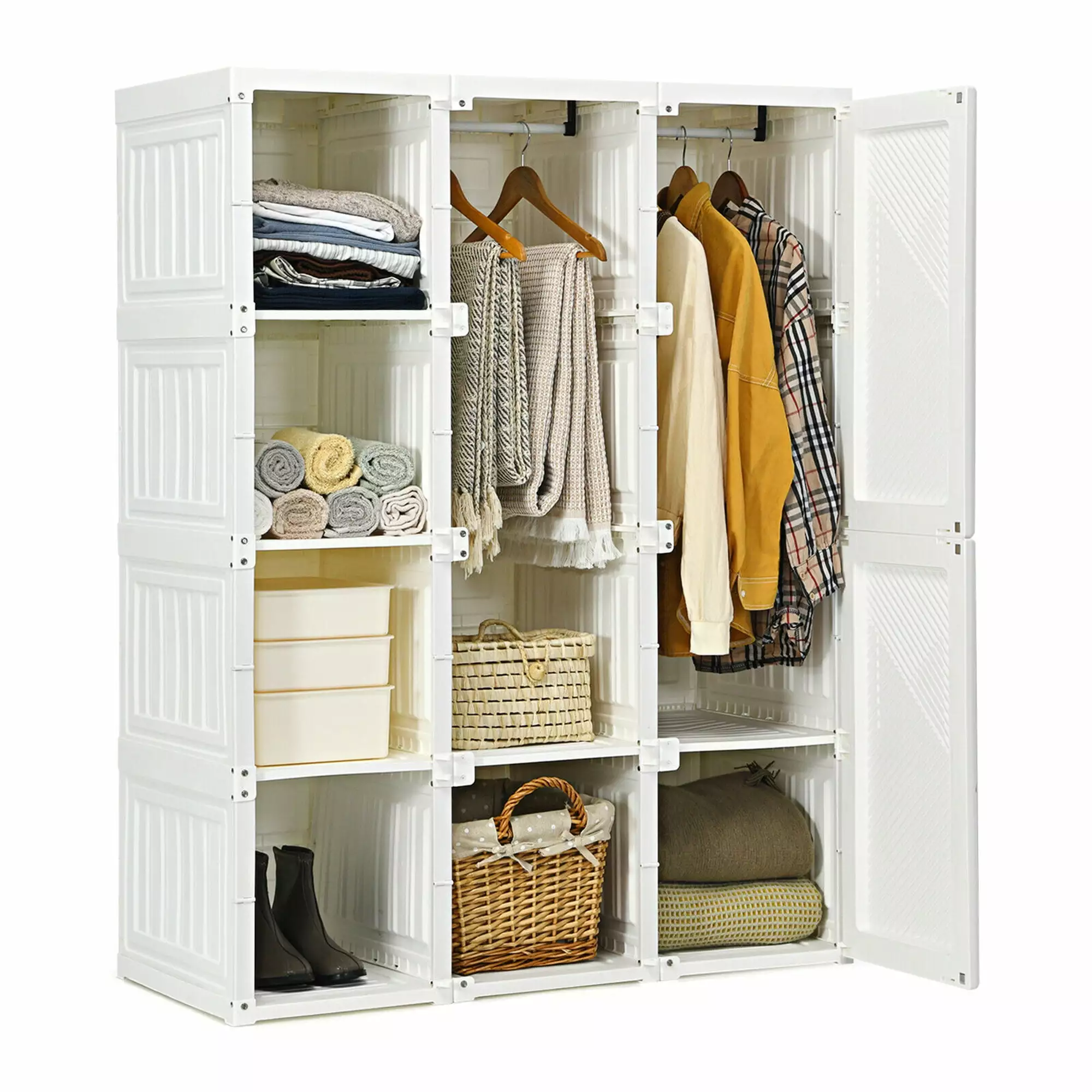 Gymax Travel Friendly Foldable Closet Armoire Wardrobe 8 Cubes Hanging Rods