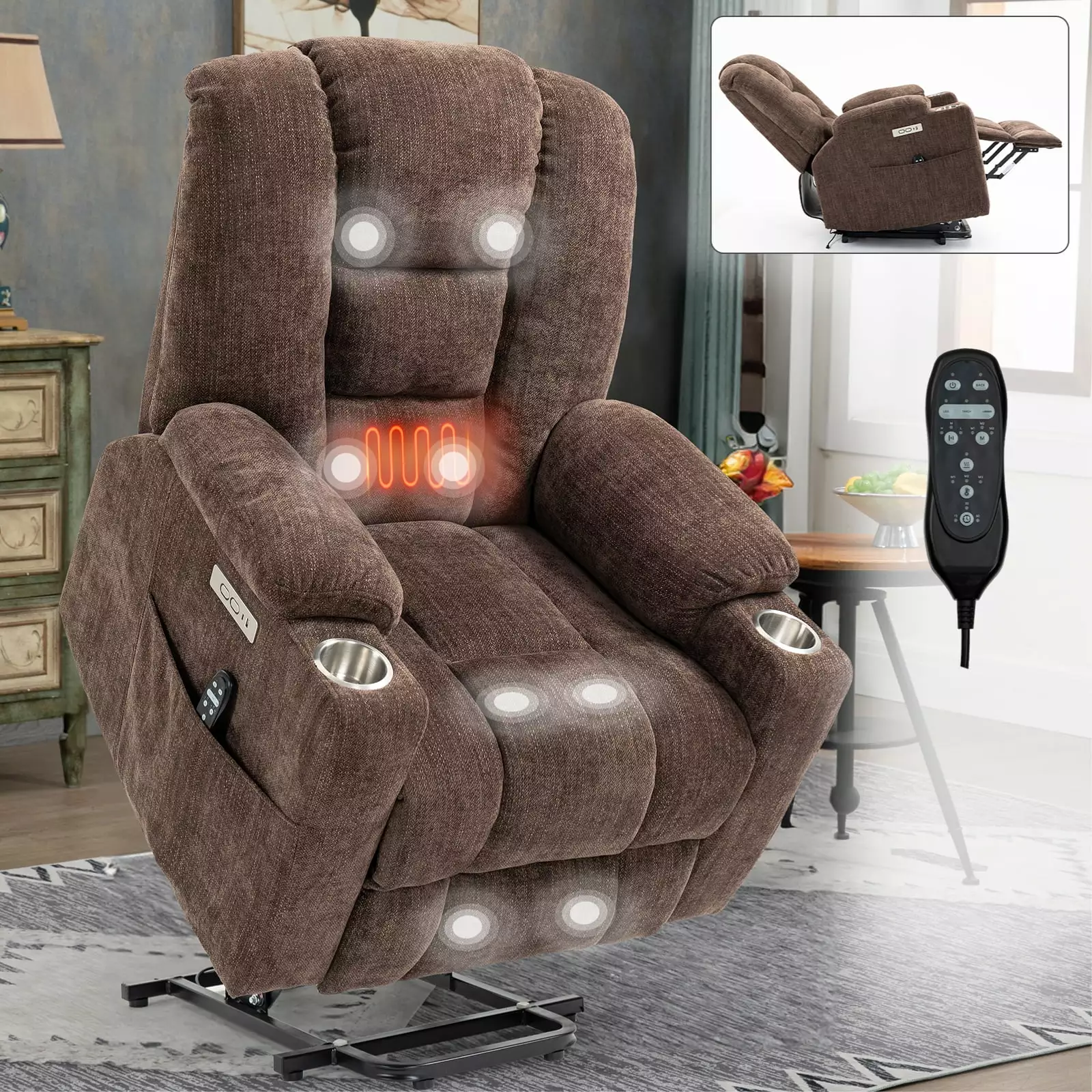 DeeHome EMON'S Large Power Lift Recliner Chair Massage and Heat Elderly - Overstuffed Wide Recliner