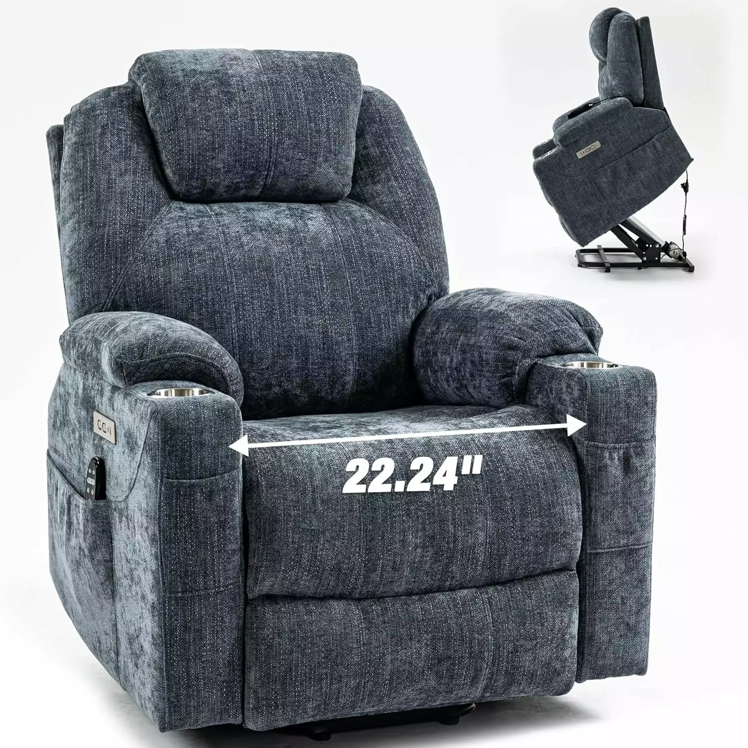 Elderly Power Recliner Lift Massage Heating Small Recliner Chair Cup Holder Gray HBUI