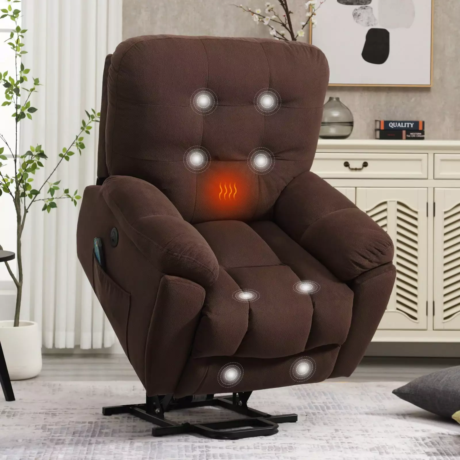 Homiyad Power Lift Chair Vibration Massage and Heating Function Recliner Chair USB Charge Port and 2 Hidden Cup Holders Brown