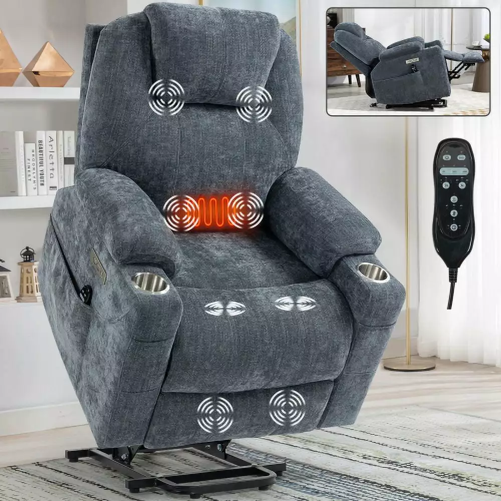 350 Lbs Chenille Power Lift Recliner Chair Massage and Heating Blue Hypeshops