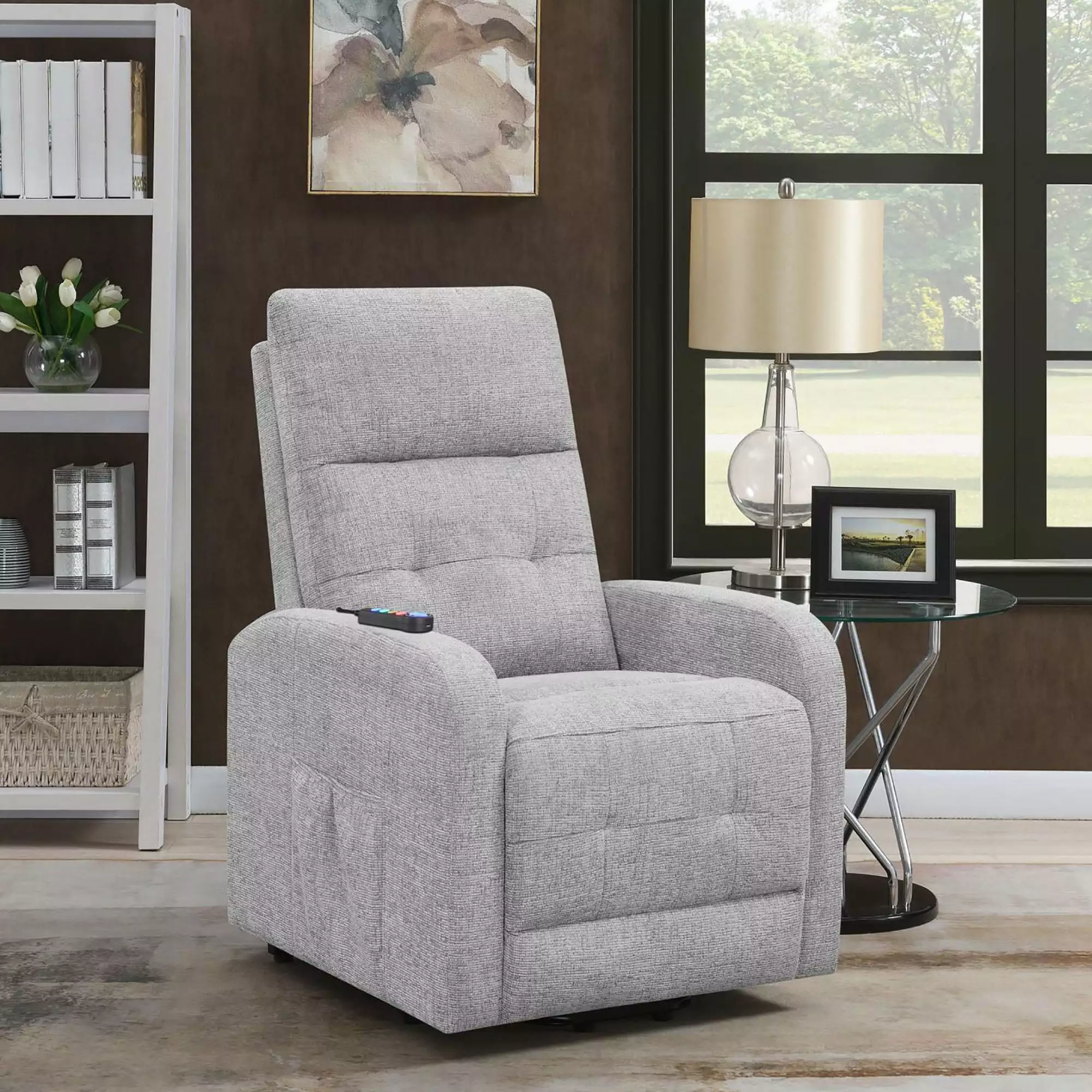 Grey Tufted Power Lift Recliner Chair Modern Design Jamini
