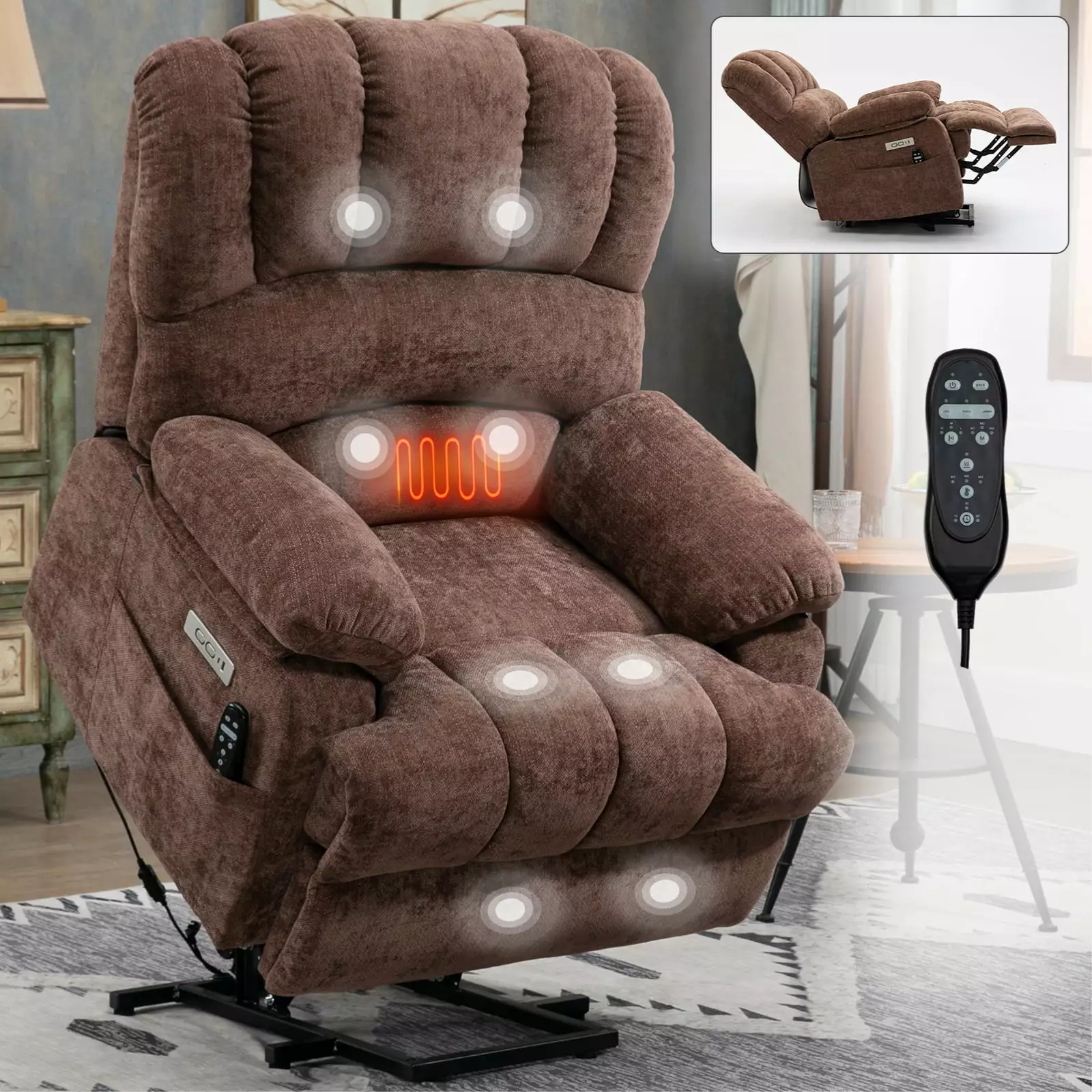 23 Seat Width High Back Chenille Power Lift Recliner Massage and Heating Jamini