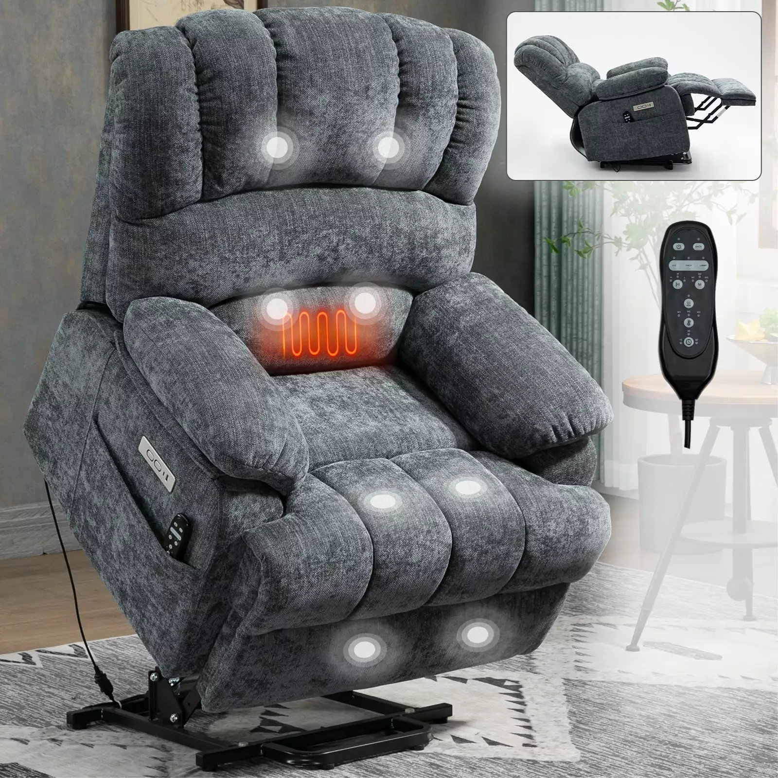23 Seat Width High Back Large Size Blue Chenille Power Lift Recliner 8-Point Massage and Lumbar Heating Jamini