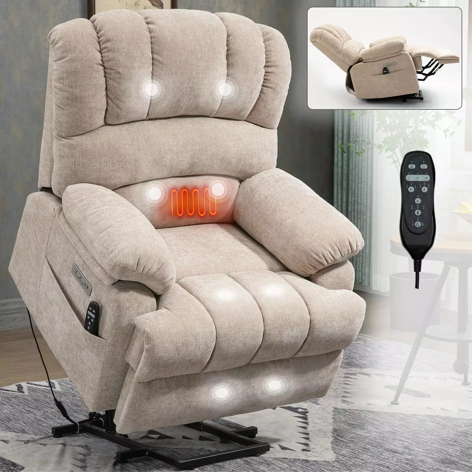 23 Seat Width High Back Large Size Beige Chenille Power Lift Recliner 8-Point Massage and Heating Jamini