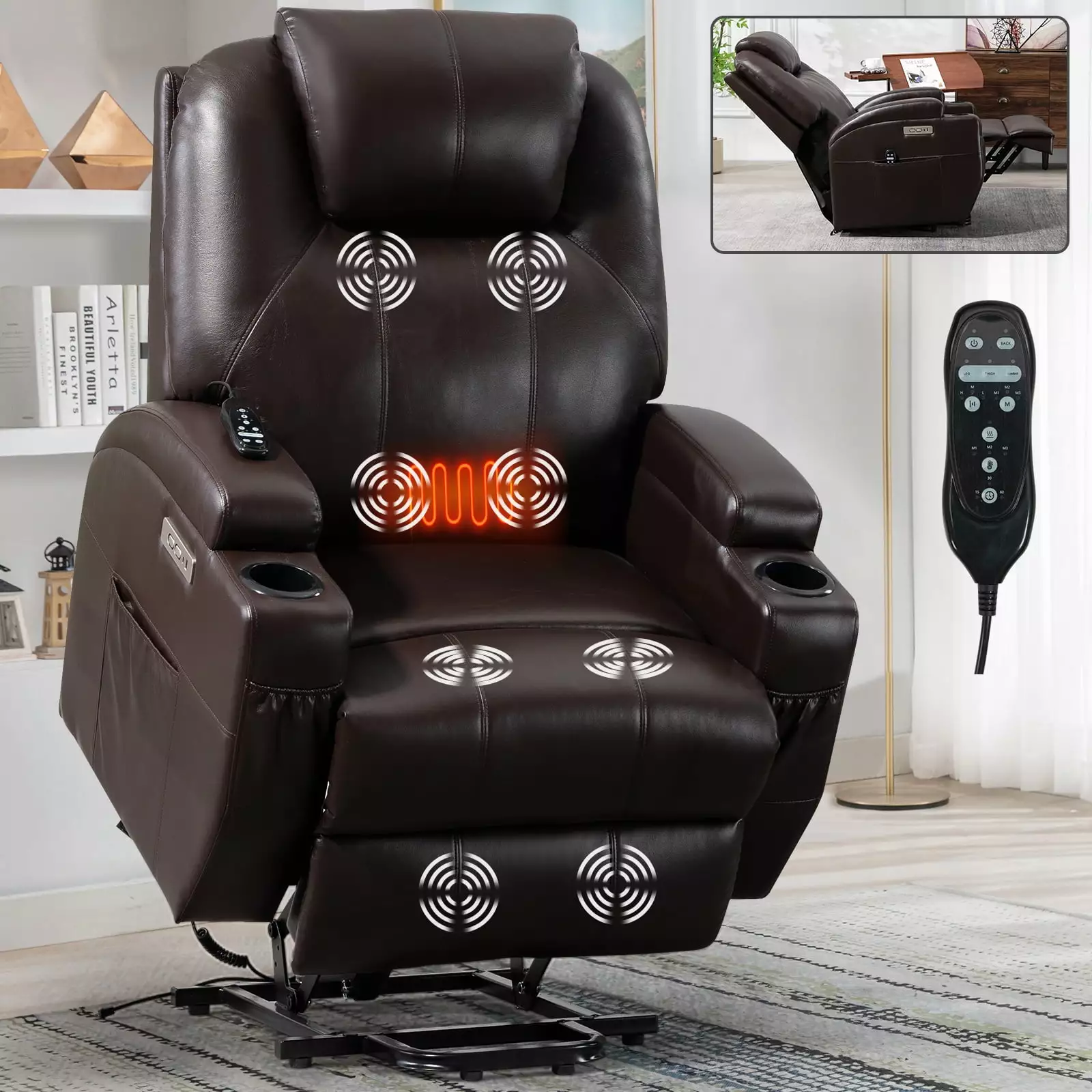 Okin Motor Power Lift Recliner Chair Elderly 8-Point Massage and Heating Brown SHNHYF