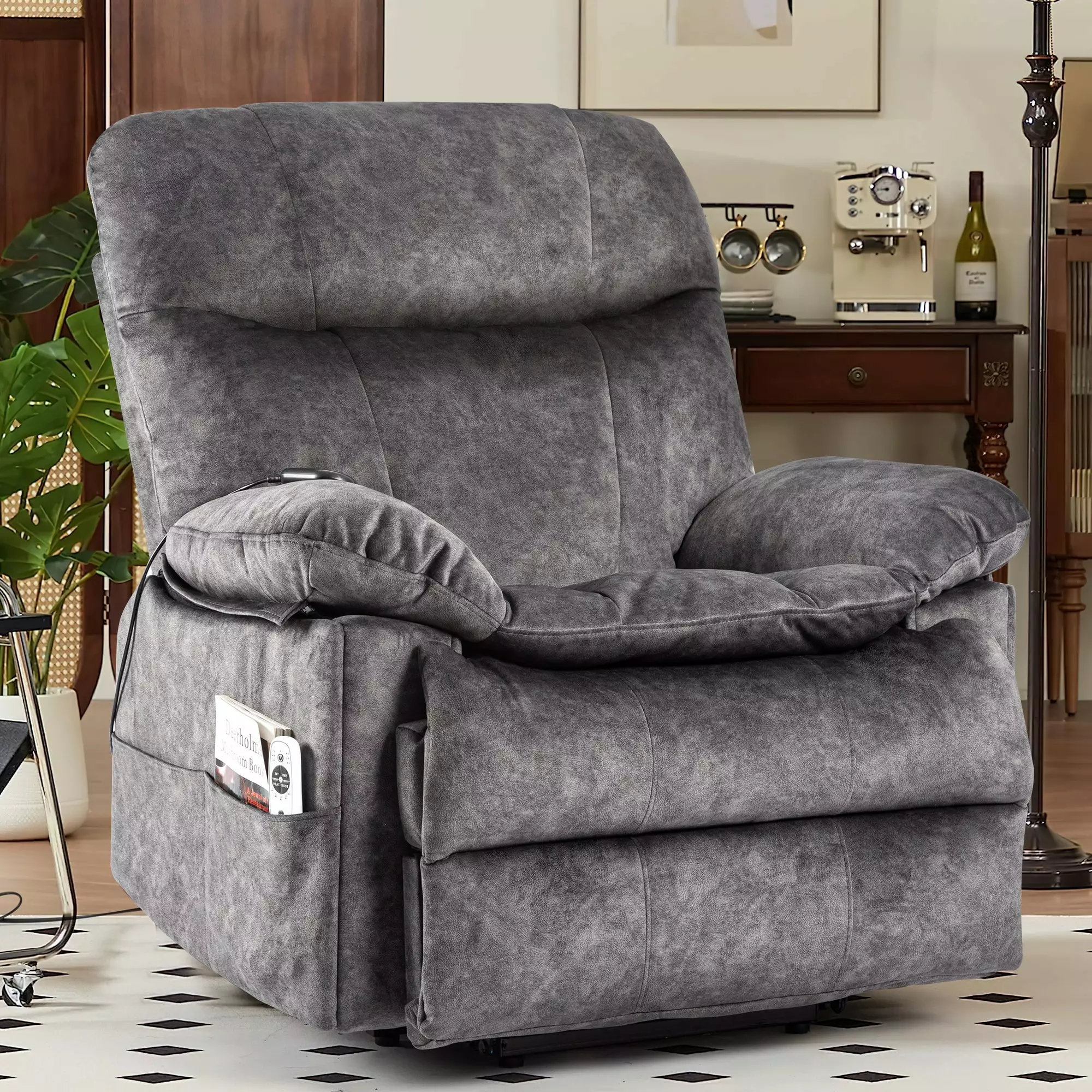 39.4 Wide Oversize Big Man Modern Velvet Power Lift Recliner Heating and Massage Simplie Fun