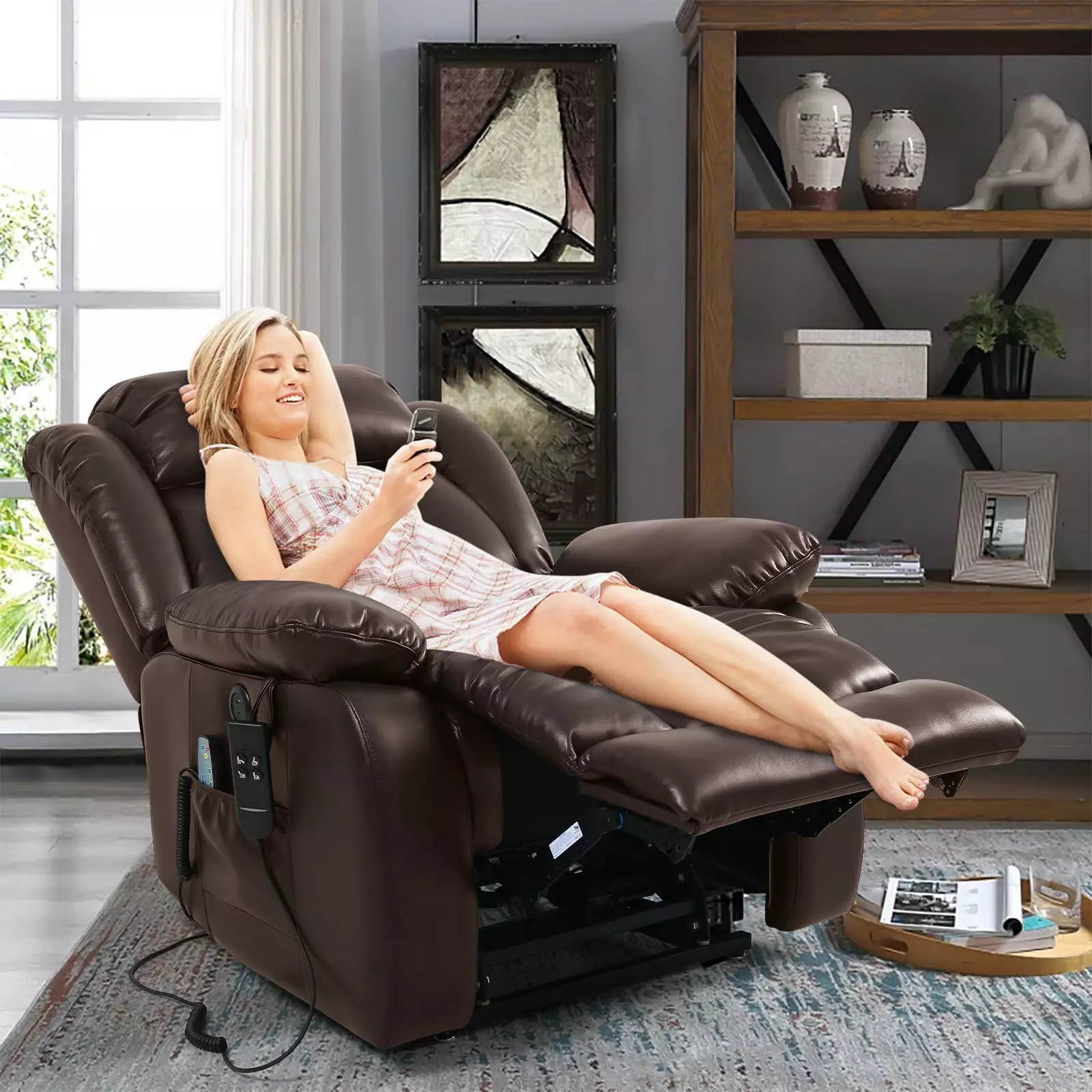 Comfortable Leather Power Lift Recliner Double Motor Heating Massage Easy Assembly THLAND