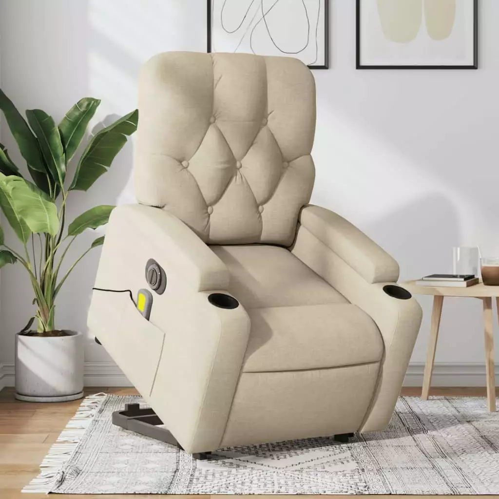 vidaXL Electric Stand up Massage Recliner Chair Cream Fabric - Comfortable Lift Chair