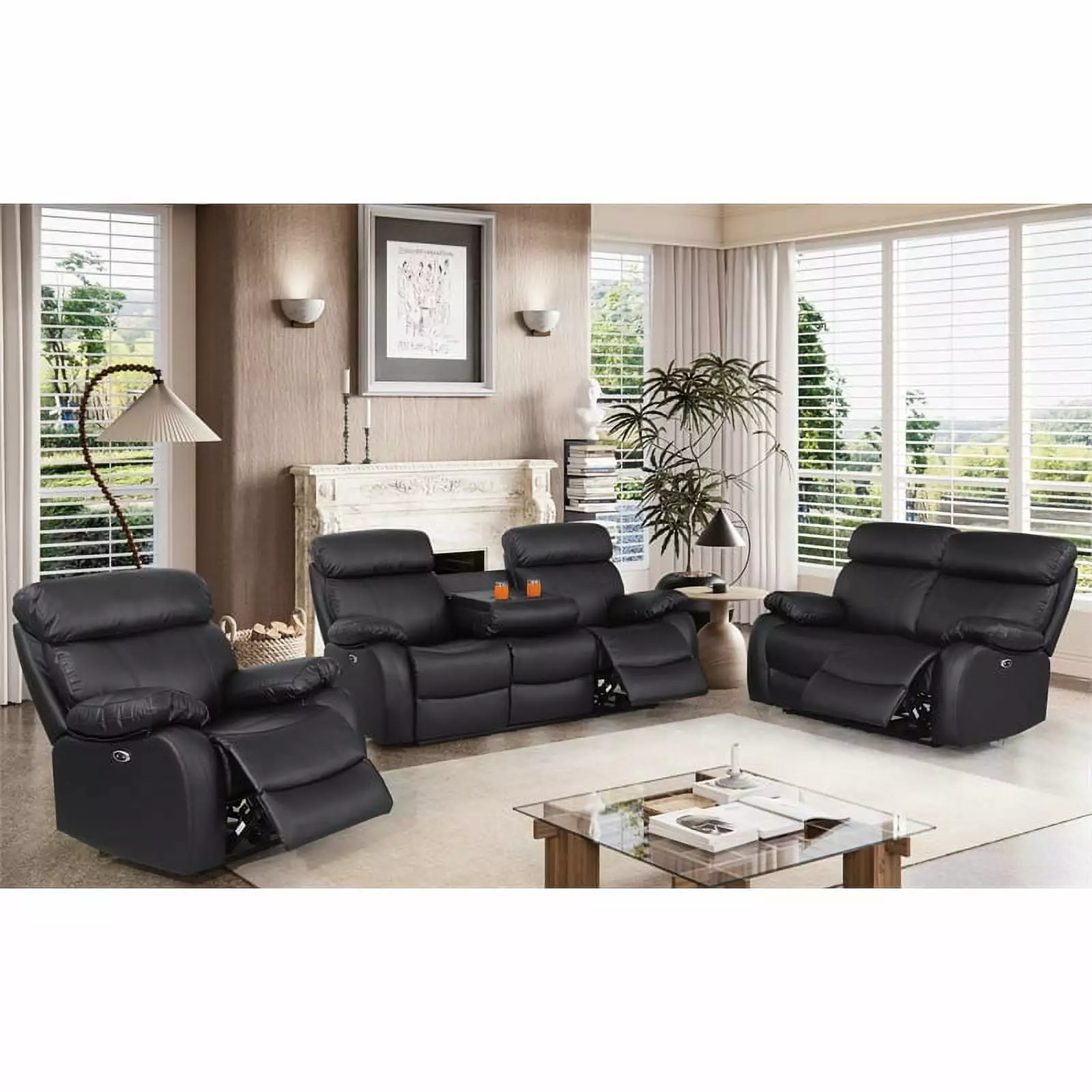Alexent Power Recliner Sofa Set Leather Couch Cup Holders and USB Ports Black
