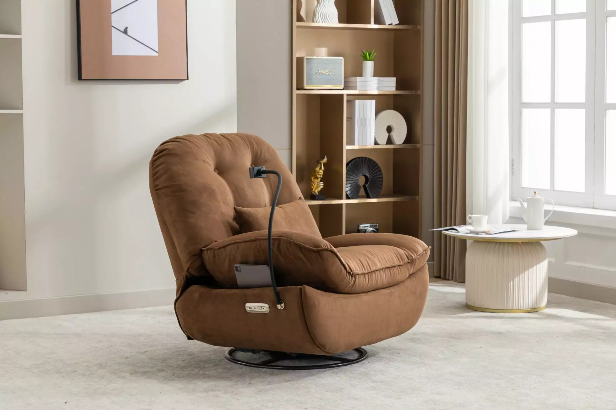 Power Recliner Multifunctional Swivel Glider USB Charger Phone Holder Bluetooth Player Brown ARCTICSCORPION