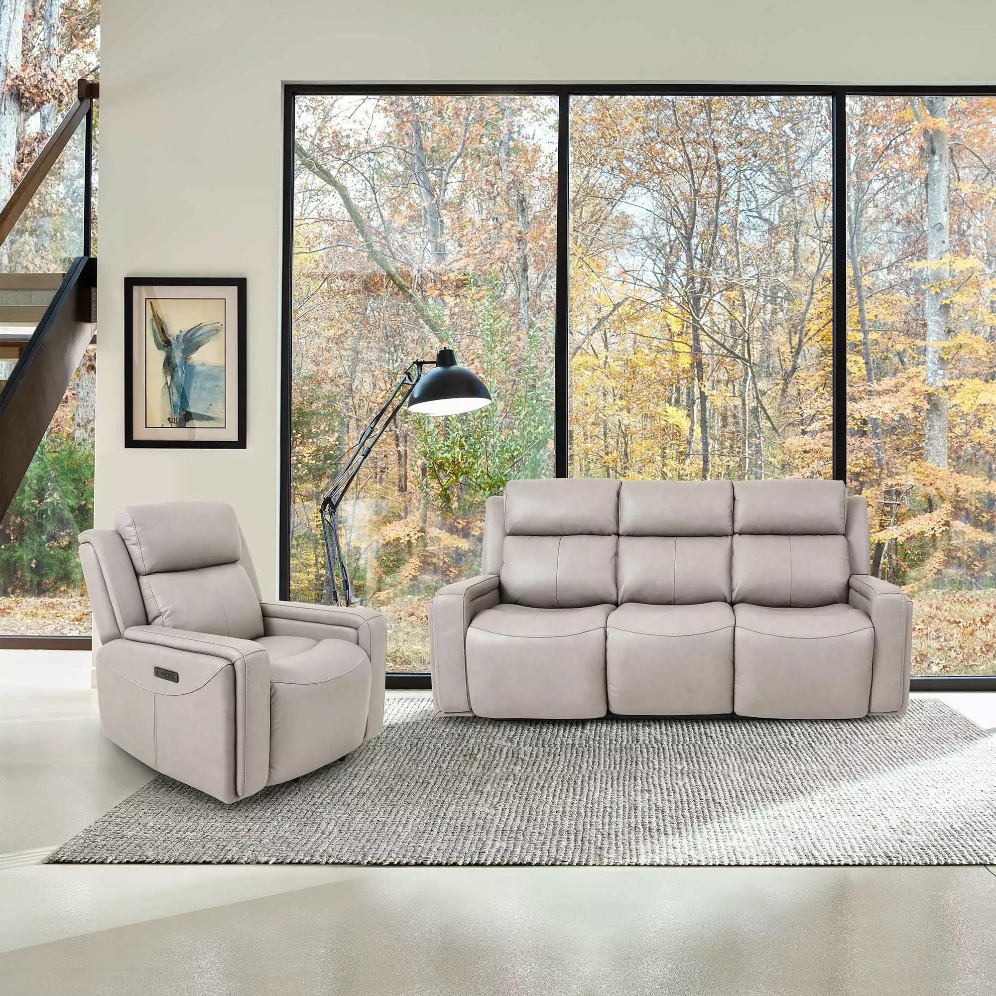 Claude Dual Power Headrest and Lumbar Support Reclining Sofa Light Grey Leather Armen Living